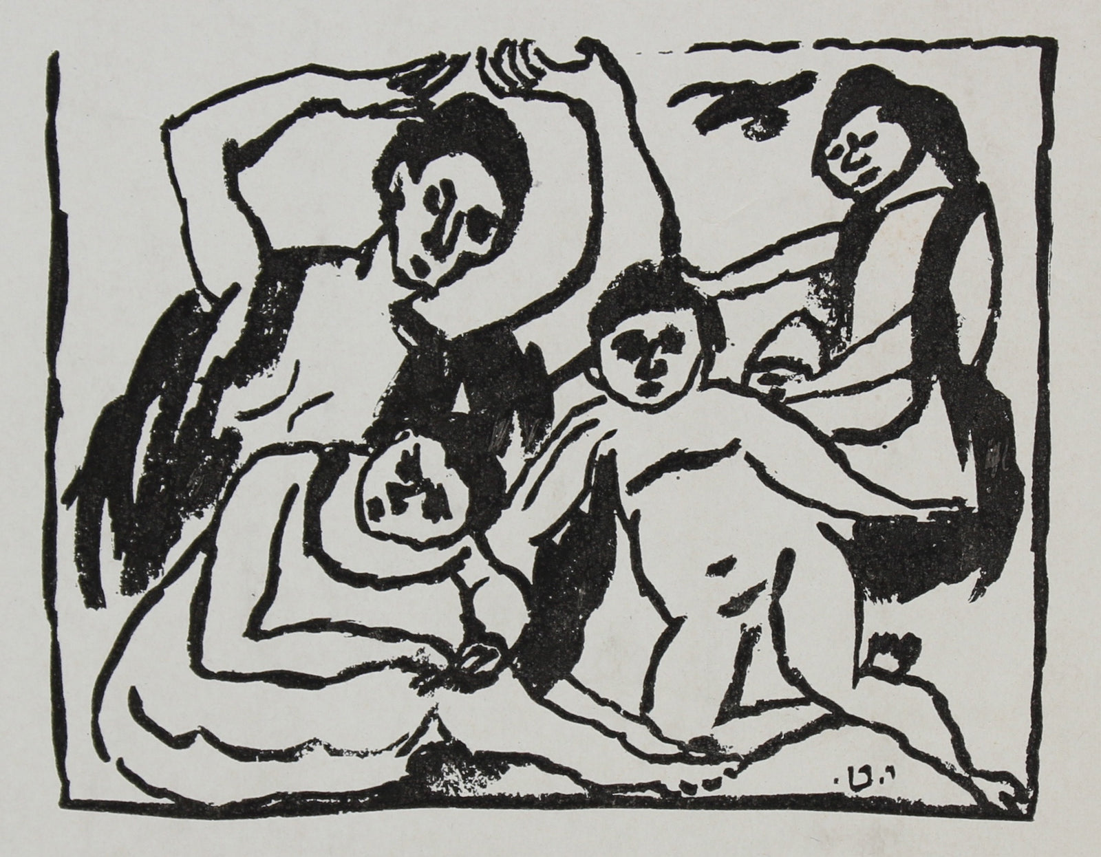 Abstracted Figure Scene of Family <br>Early-Mid 20th Century Mimeograph on Paper <br><br>#95879