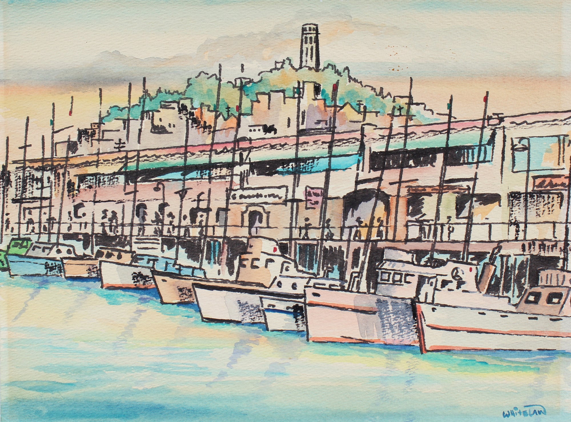 View of Coit Tower from the Harbor <br>20th Century Ink & Watercolor <br><br>#95929