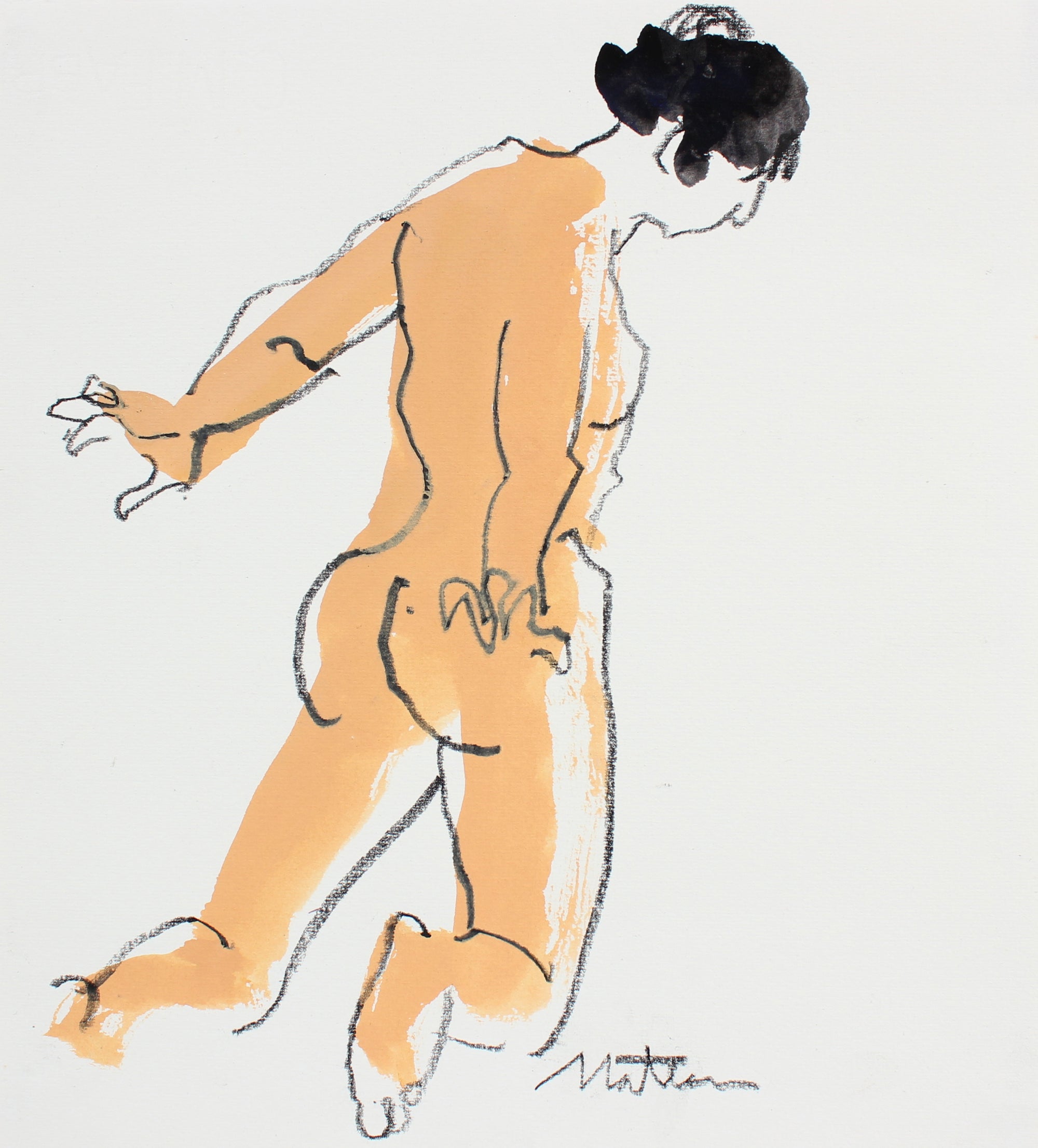 Carefree Kneeling Nude Study <br>20th Century Ink & Gouache <br><br>#96544