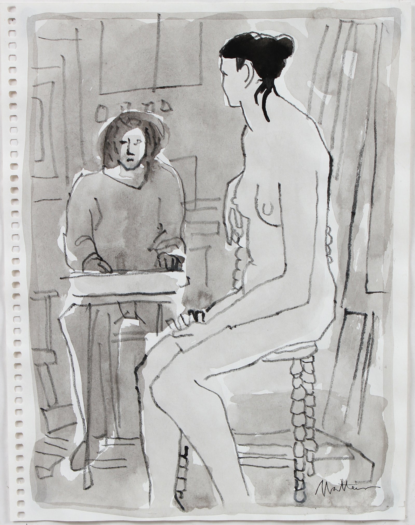 Nude Model & Student <br>20th Century Ink Wash & Colored Pencil <br><br>#96677