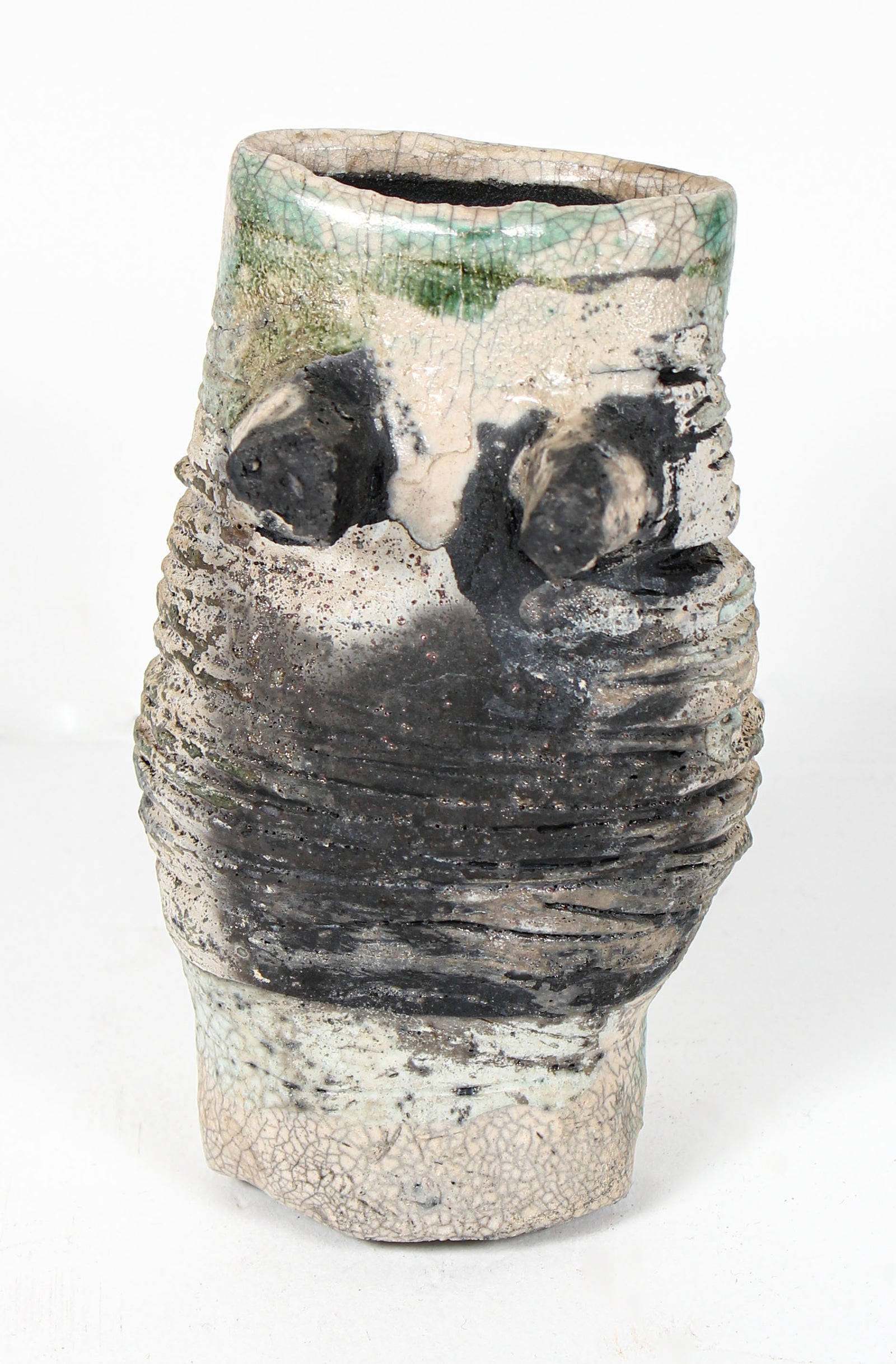 Pale Black, White, Green Ceramic Vessel <br><br>#98419