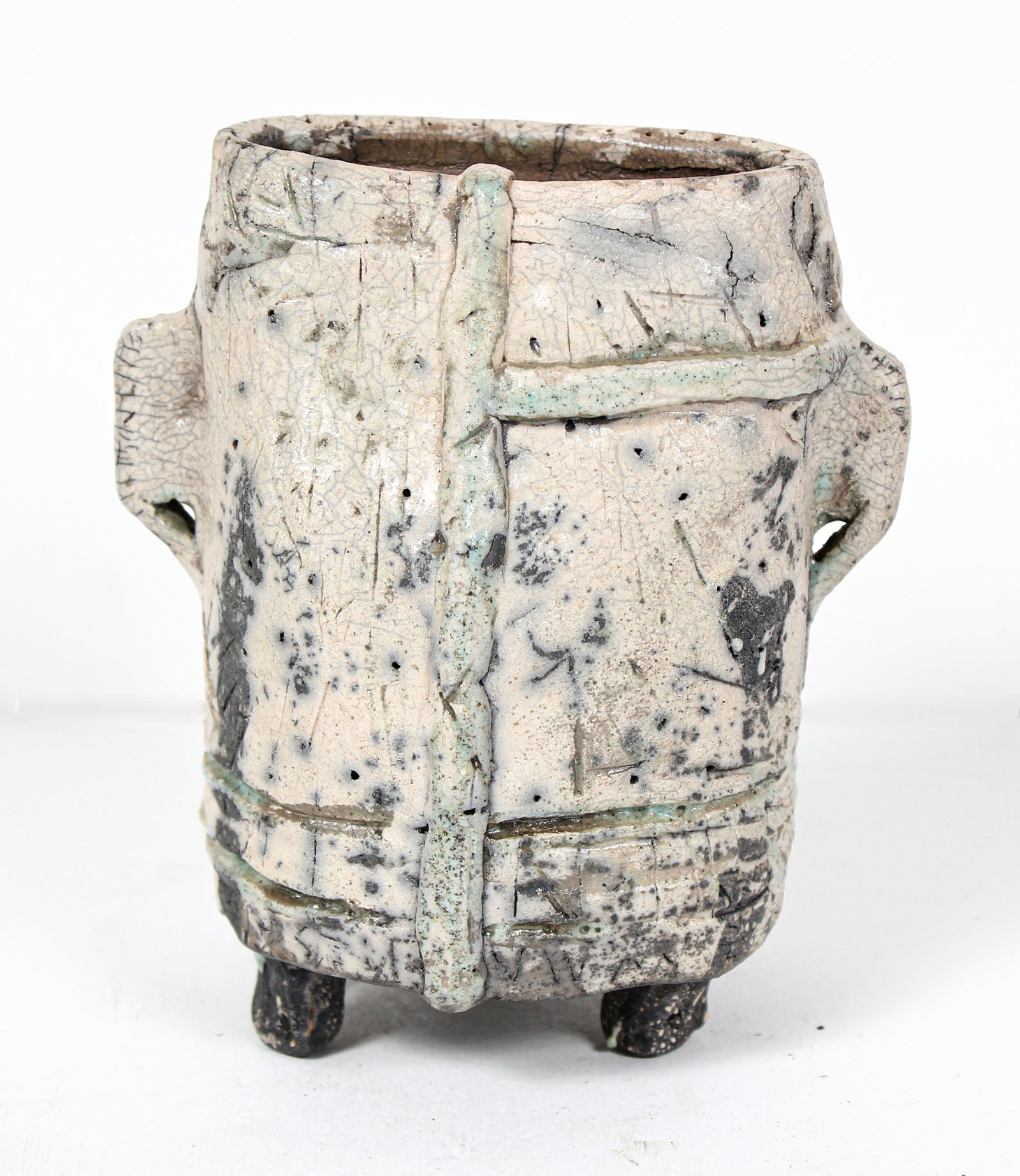 Pale Monochromatic Ceramic Vessel With Light Green Accent <br><br>#98422