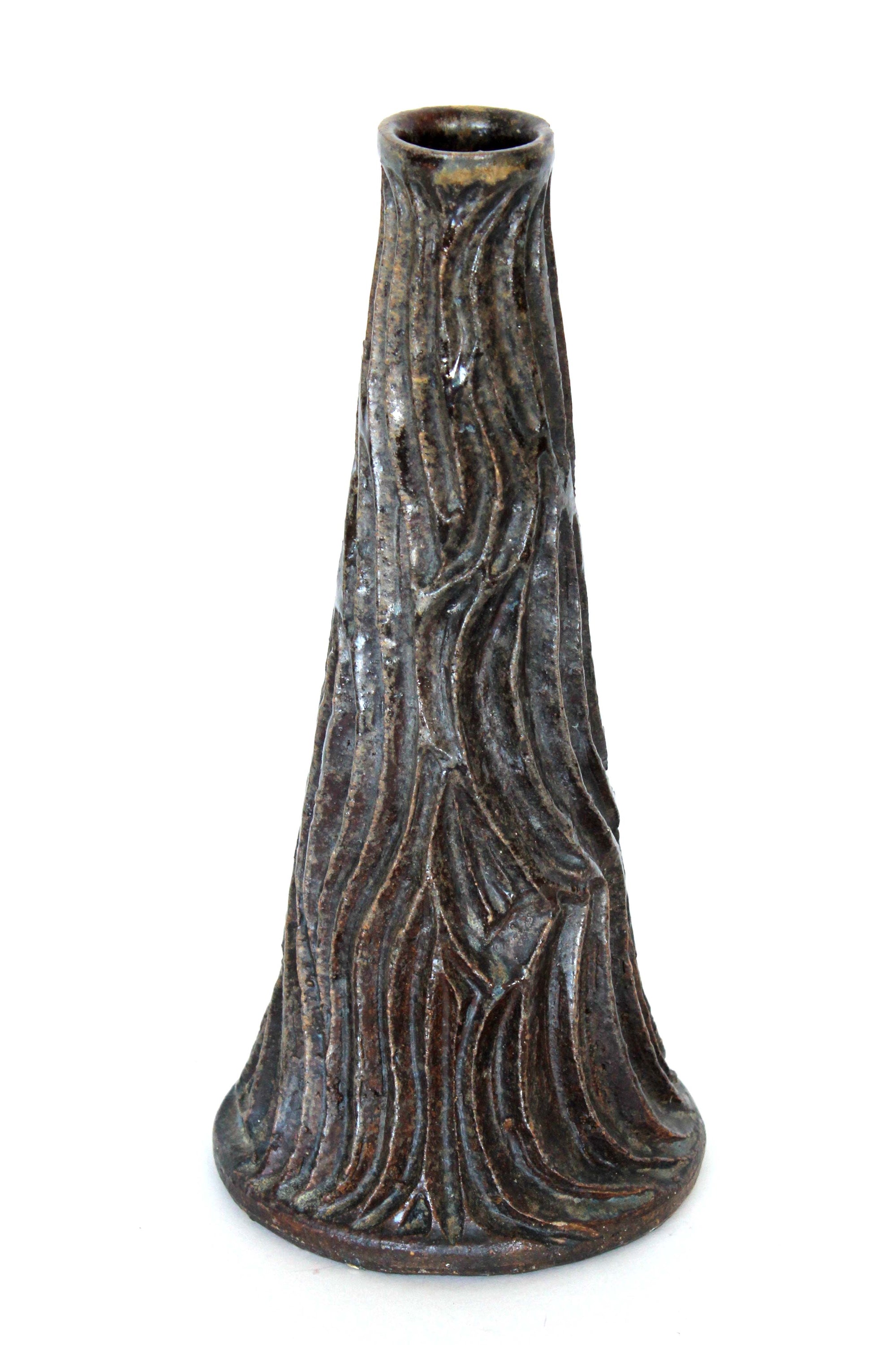 Brown Vessel with Carved Details<br>Mid Century Ceramic<br><br>#19919