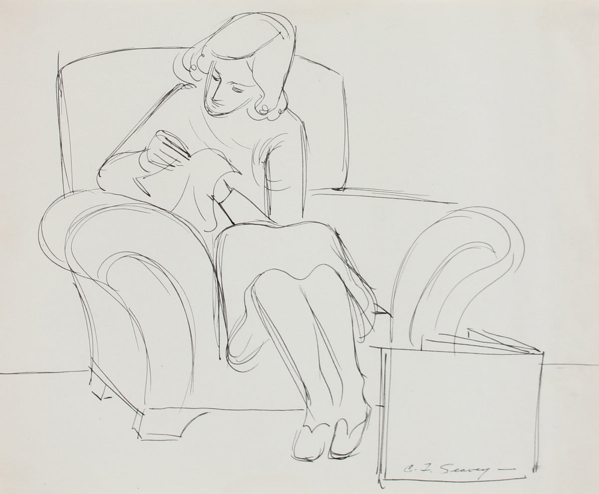Illustration of a Woman Sewing &lt;br&gt;1930-40s Ink &lt;br&gt;&lt;br&gt;#0033