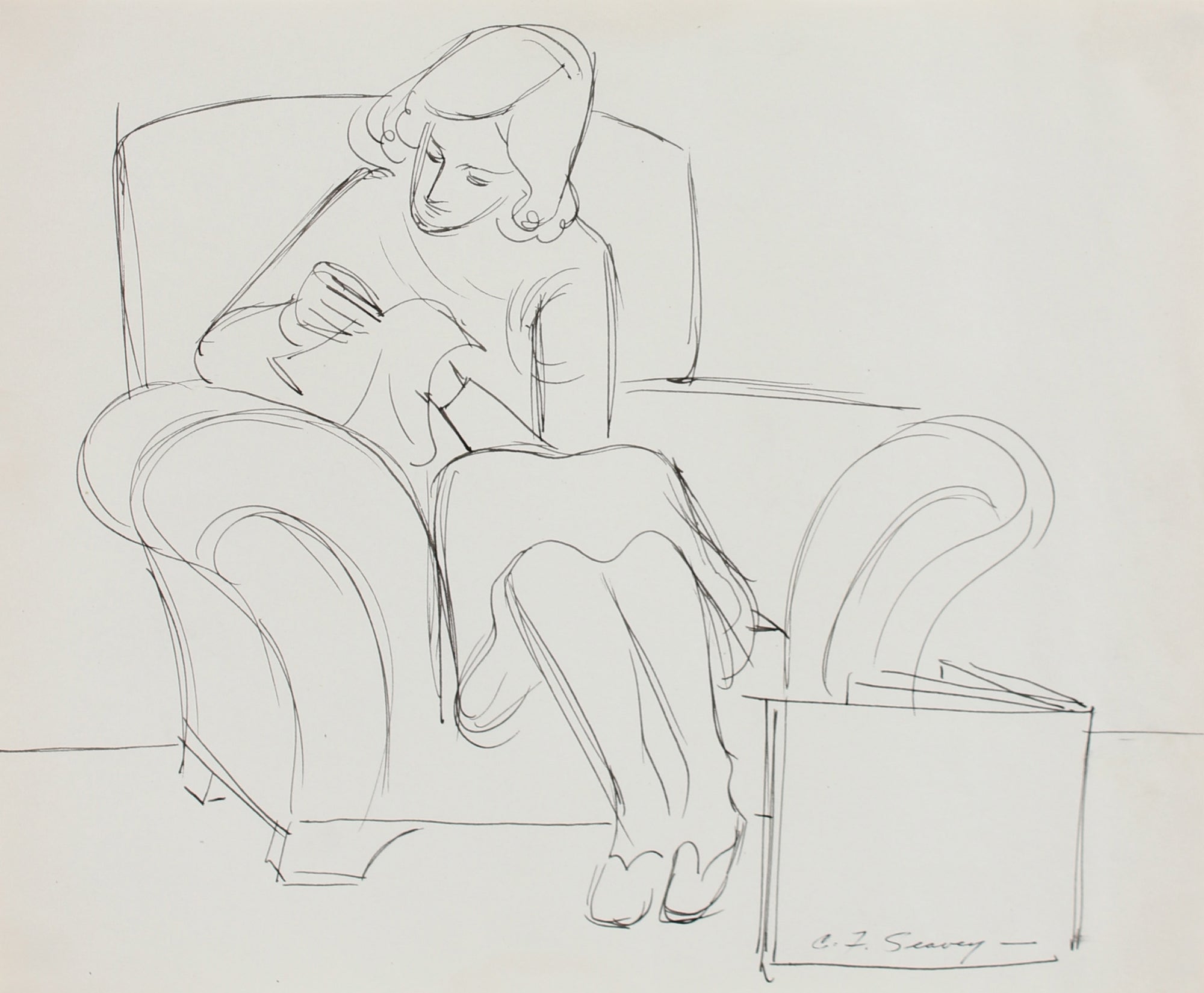 Illustration of a Woman Sewing <br>1930-40s Ink <br><br>#0033