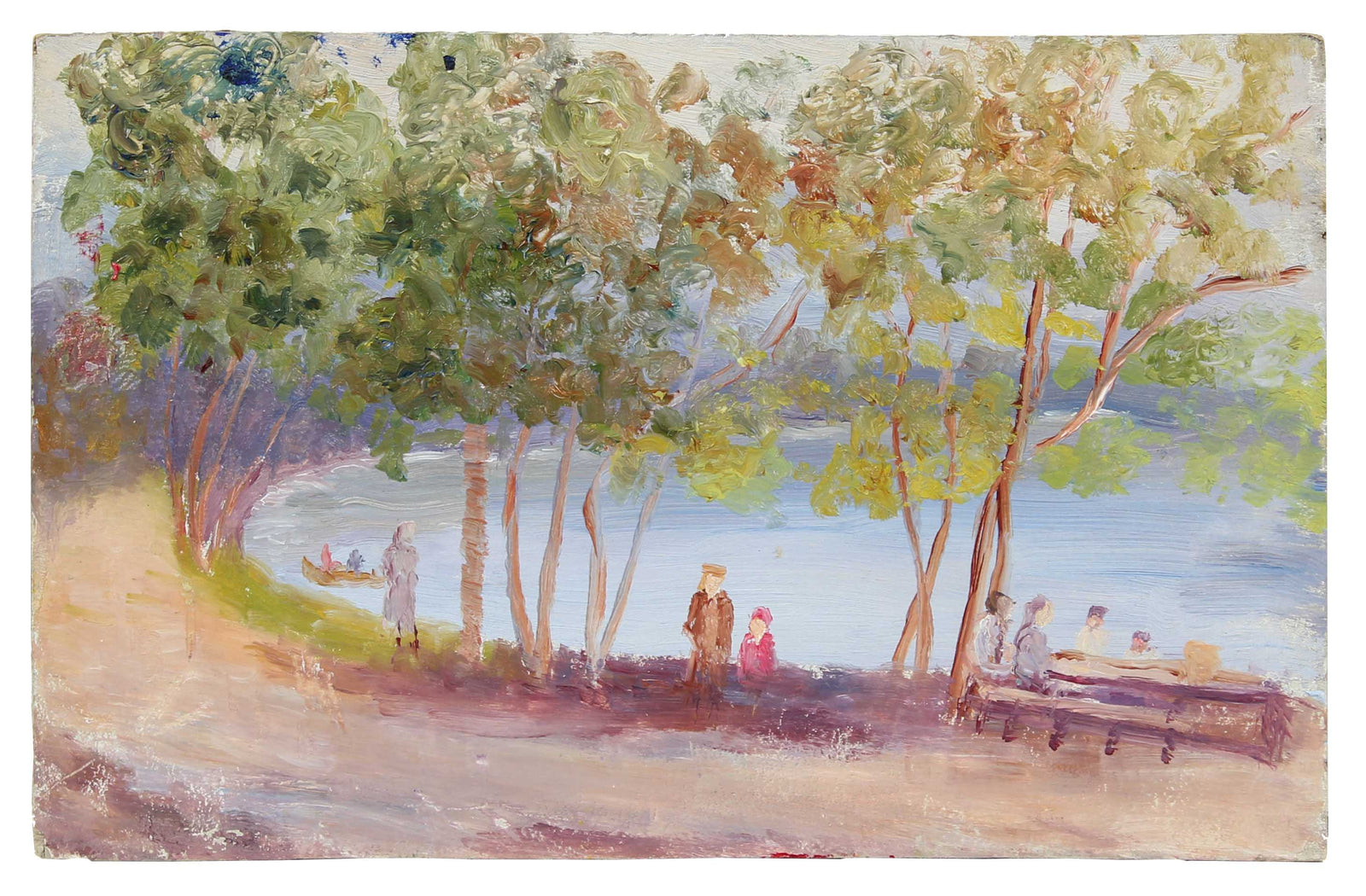 Impressionist Riverside People Scene<br>1900-30s Oil<br><br>#A3529