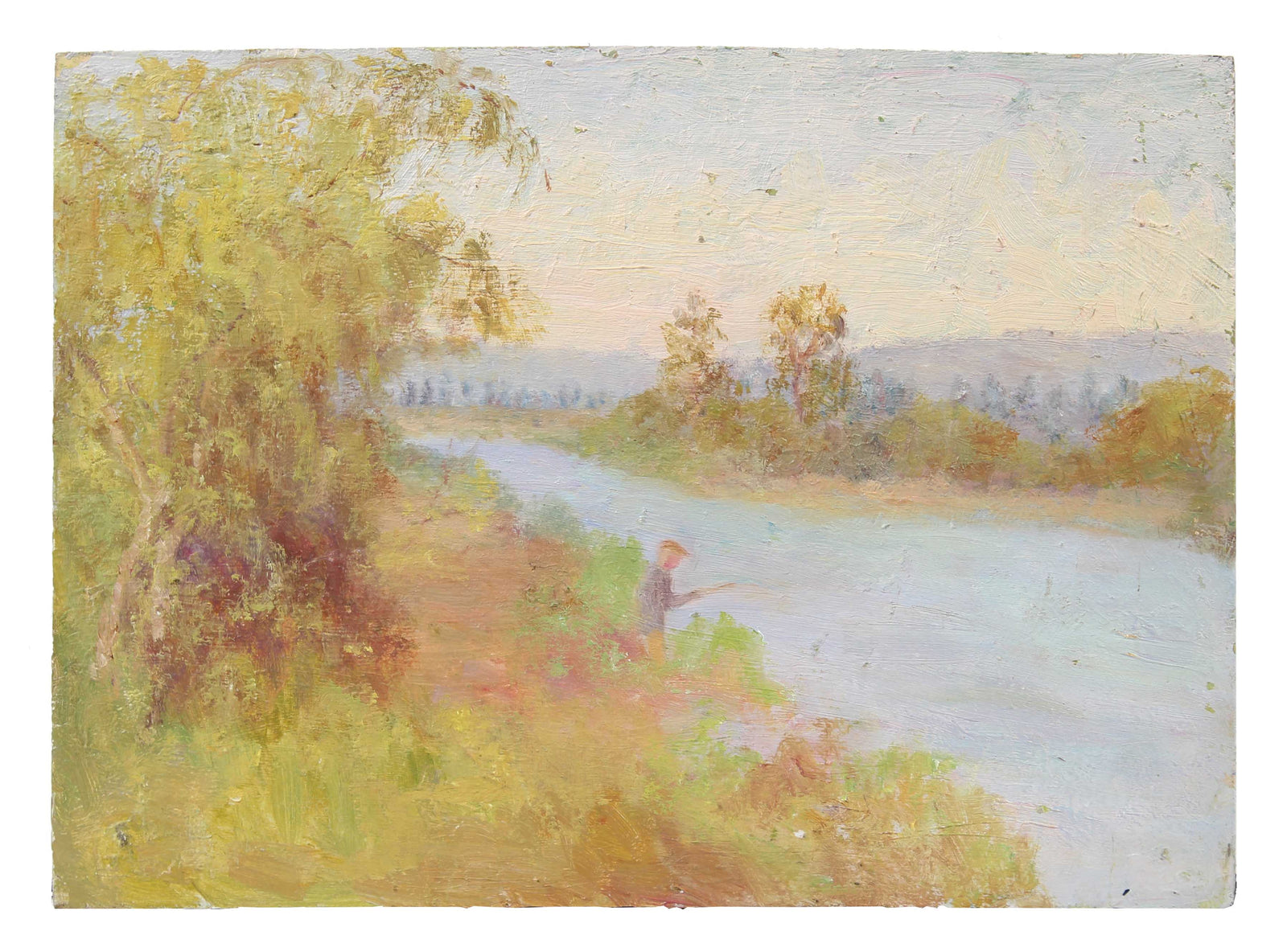 Fishing by the River, Impressionist Scene <br>1900-30s Oil <br><br>#A3533