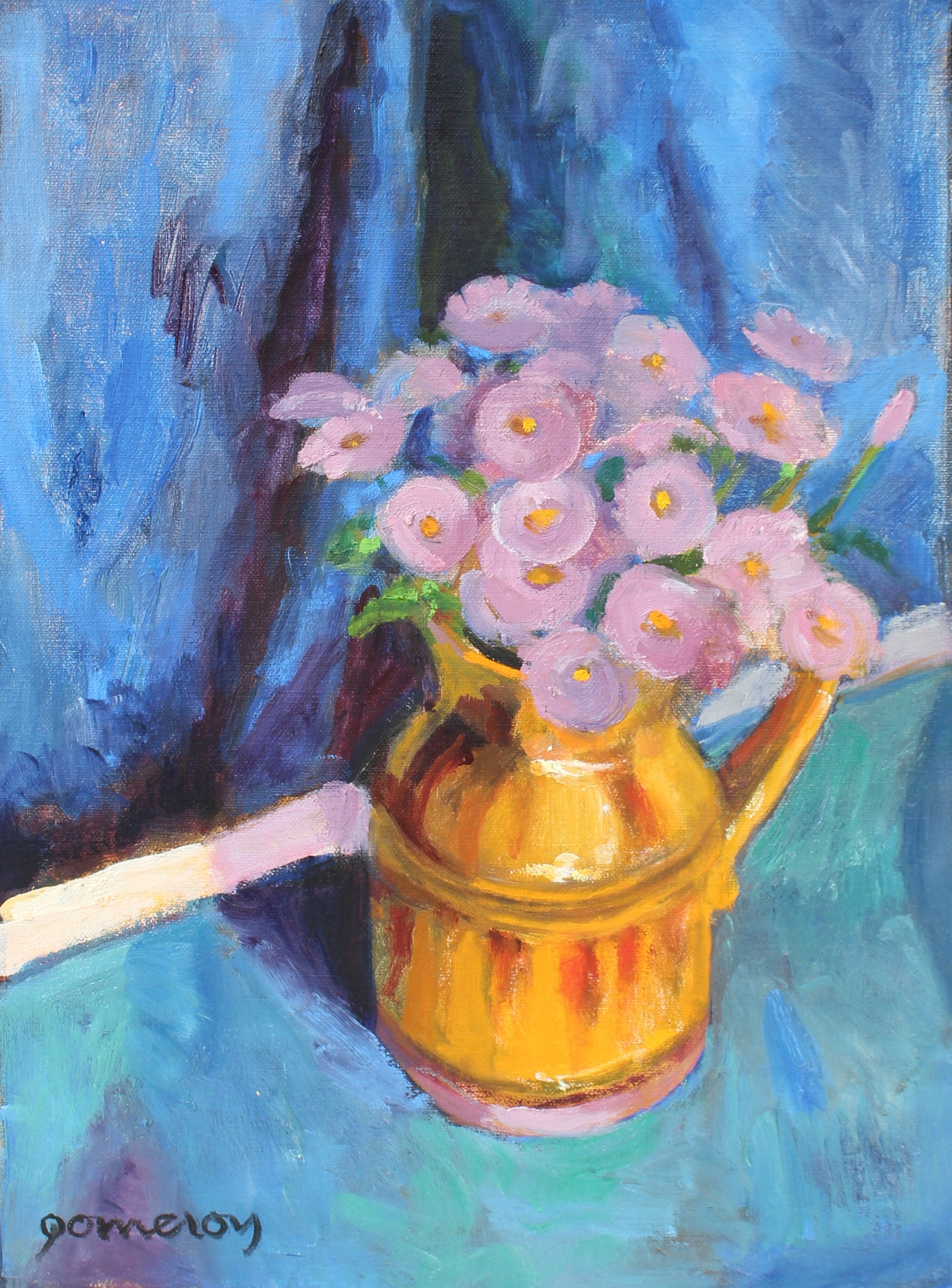 Still Life of Pink Flowers in Vase<br>Mid-Late 20th Century Oil <br><br>#A3549