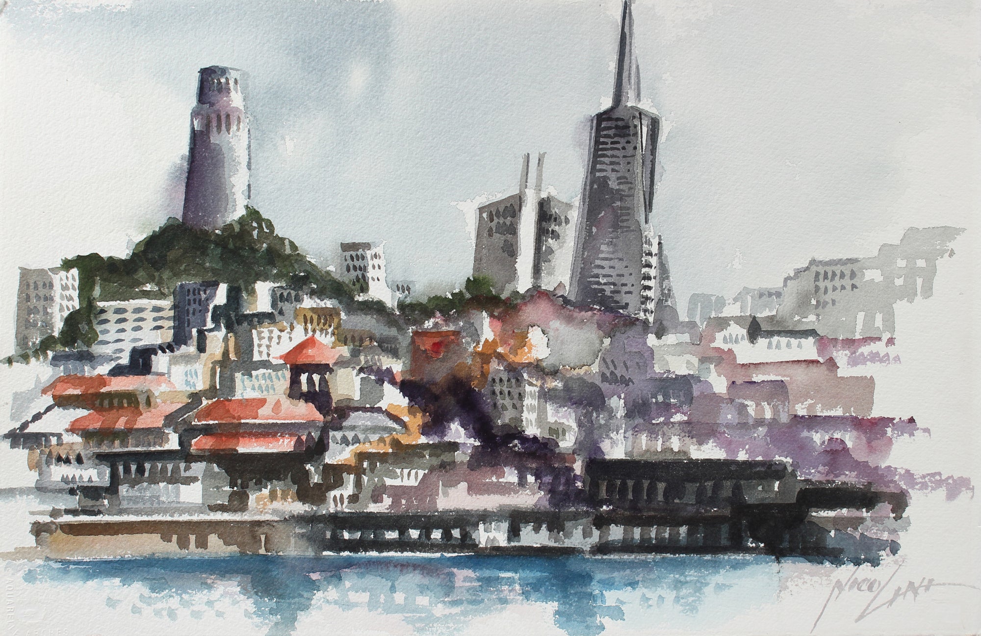 San Francisco Skyline with Coit Tower <br>Late 20th Century Watercolor <br><br>#A3818