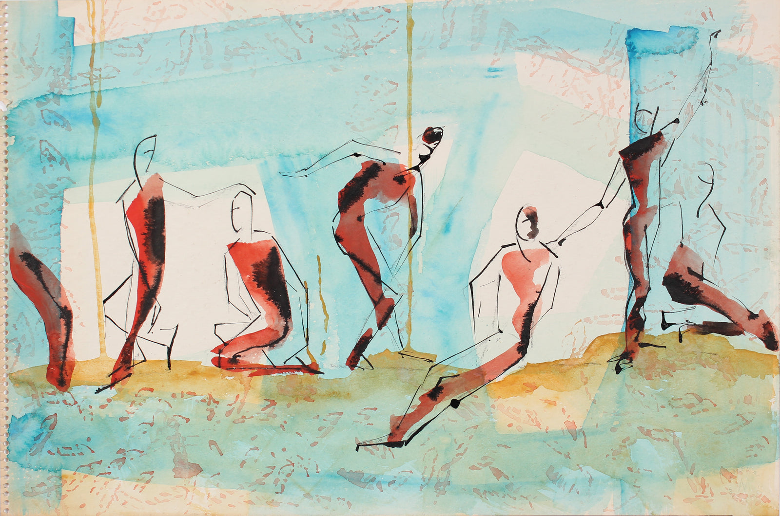 Modernist Dancers in Motion<br>Mid Century Watercolor<br><br>#A3855