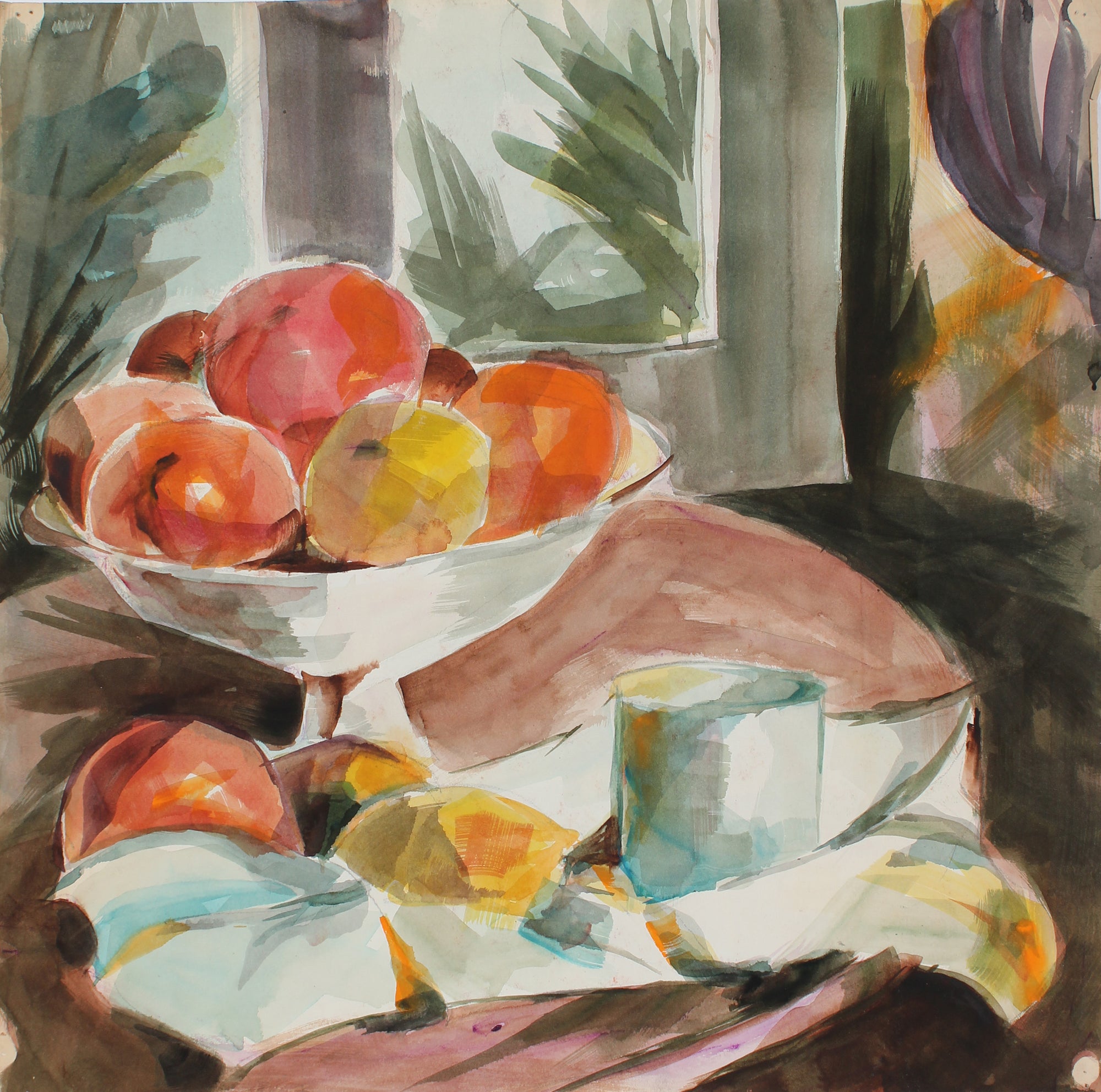Colorful Still Life with Fruit<br>Mid Century Watercolor<br><br>#A3857