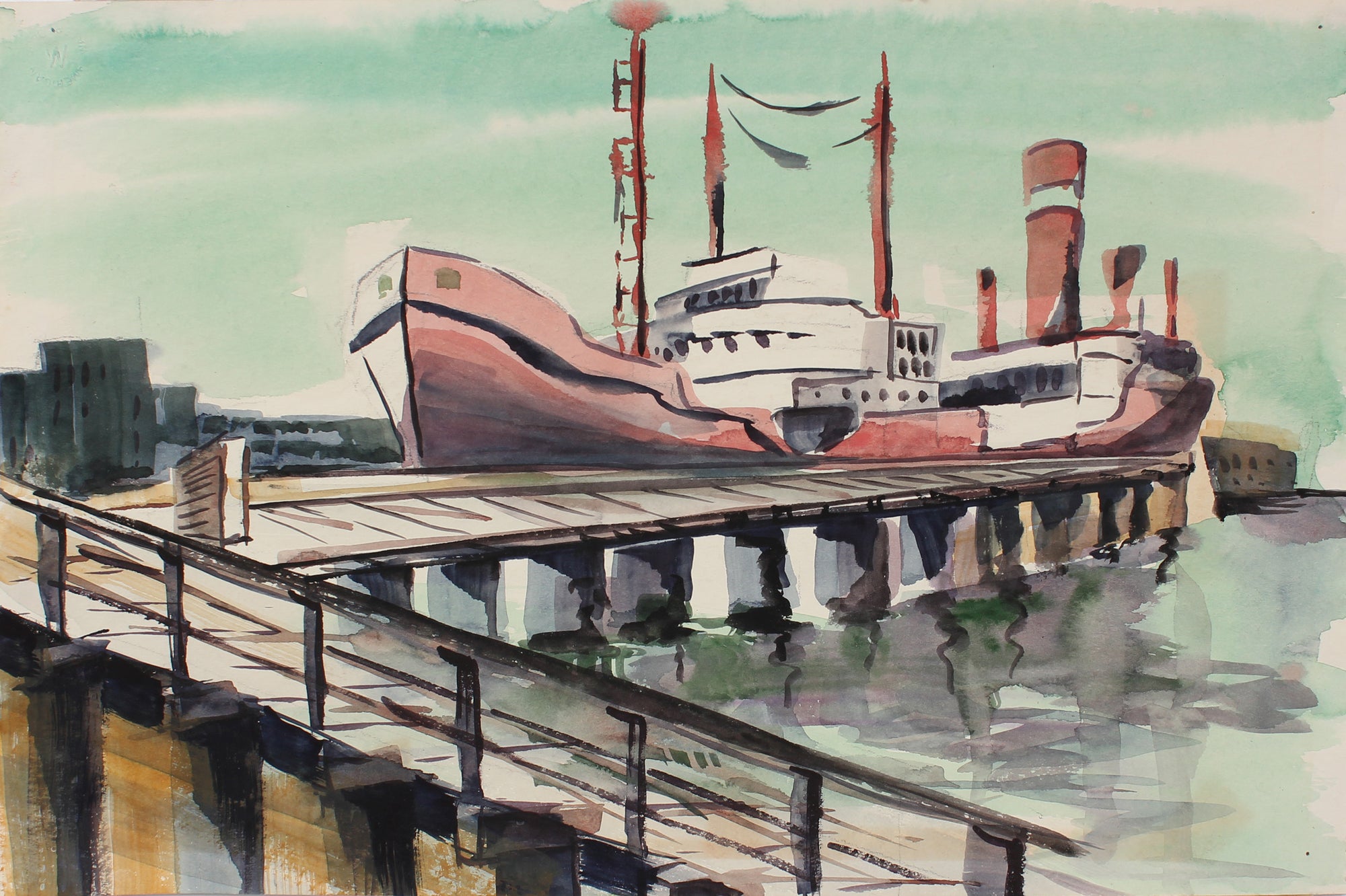 Boat at Harbor<br>Mid Century Watercolor<br><br>#A3860