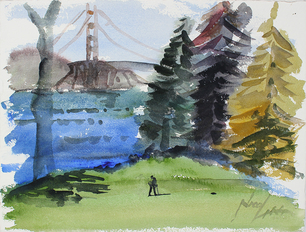The Golden Gate Bridge from the Park <br>20th Century Watercolor <br><br>#A3864