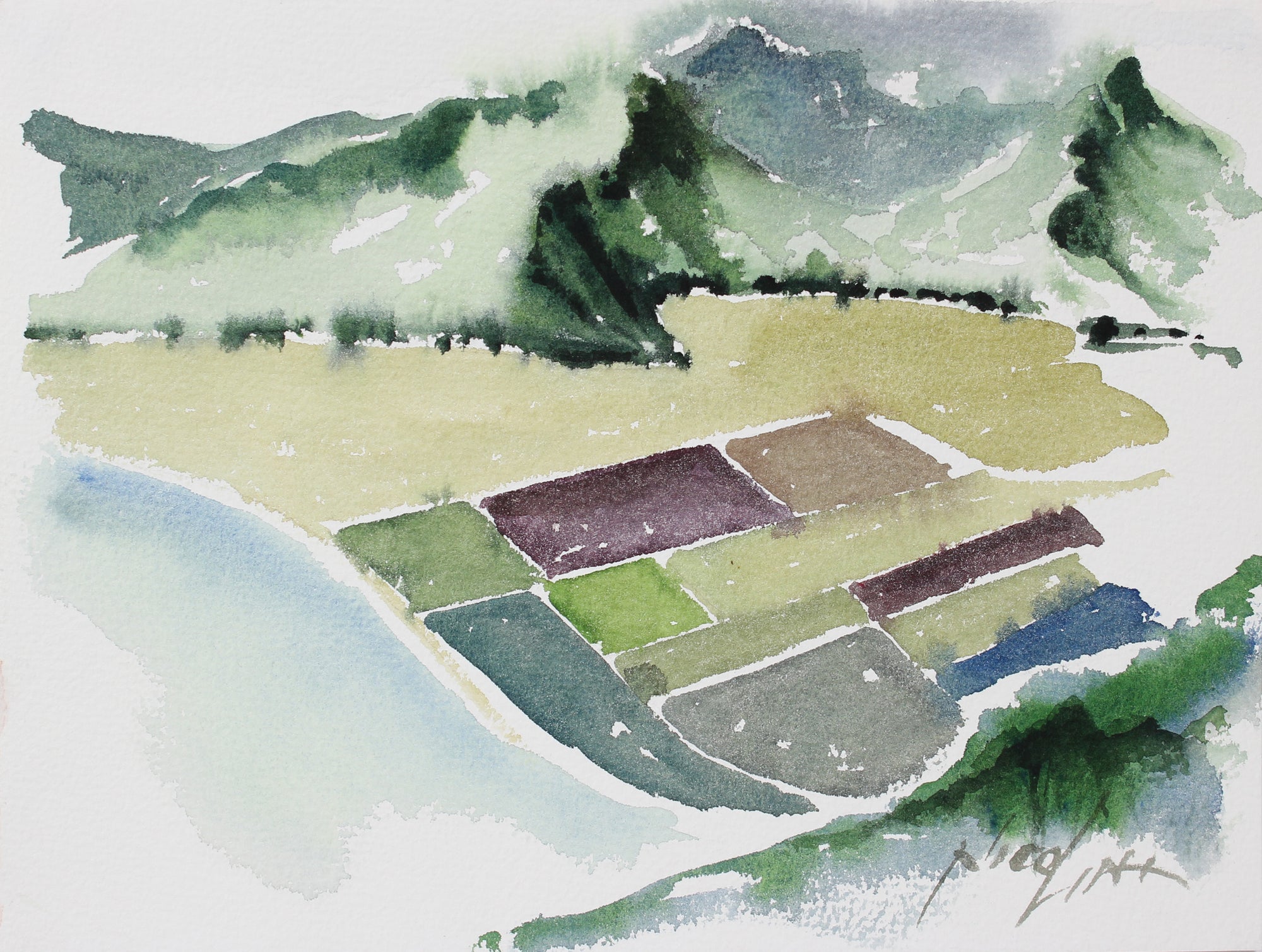 Aerial Landscape Study <br>20th Century Watercolor <br><br>#A3865