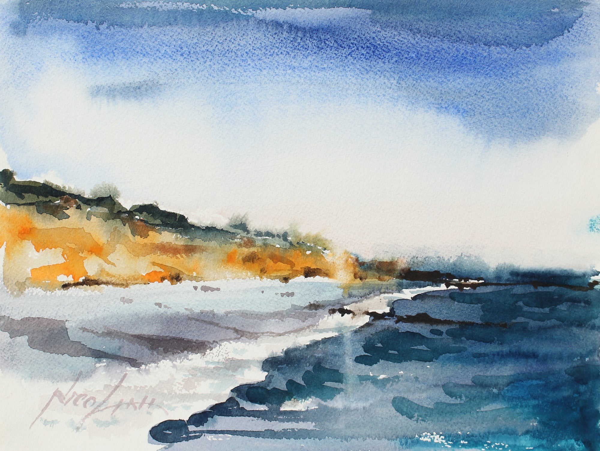 Abstracted Bay Area Coastal Waves <br>Mid-Late 20th Century Watercolor <br><br>#A3867