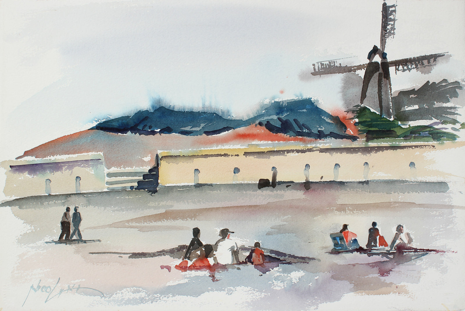 Windmill at the Beach - San Francisco <br>20th Century Watercolor <br><br>#A3874