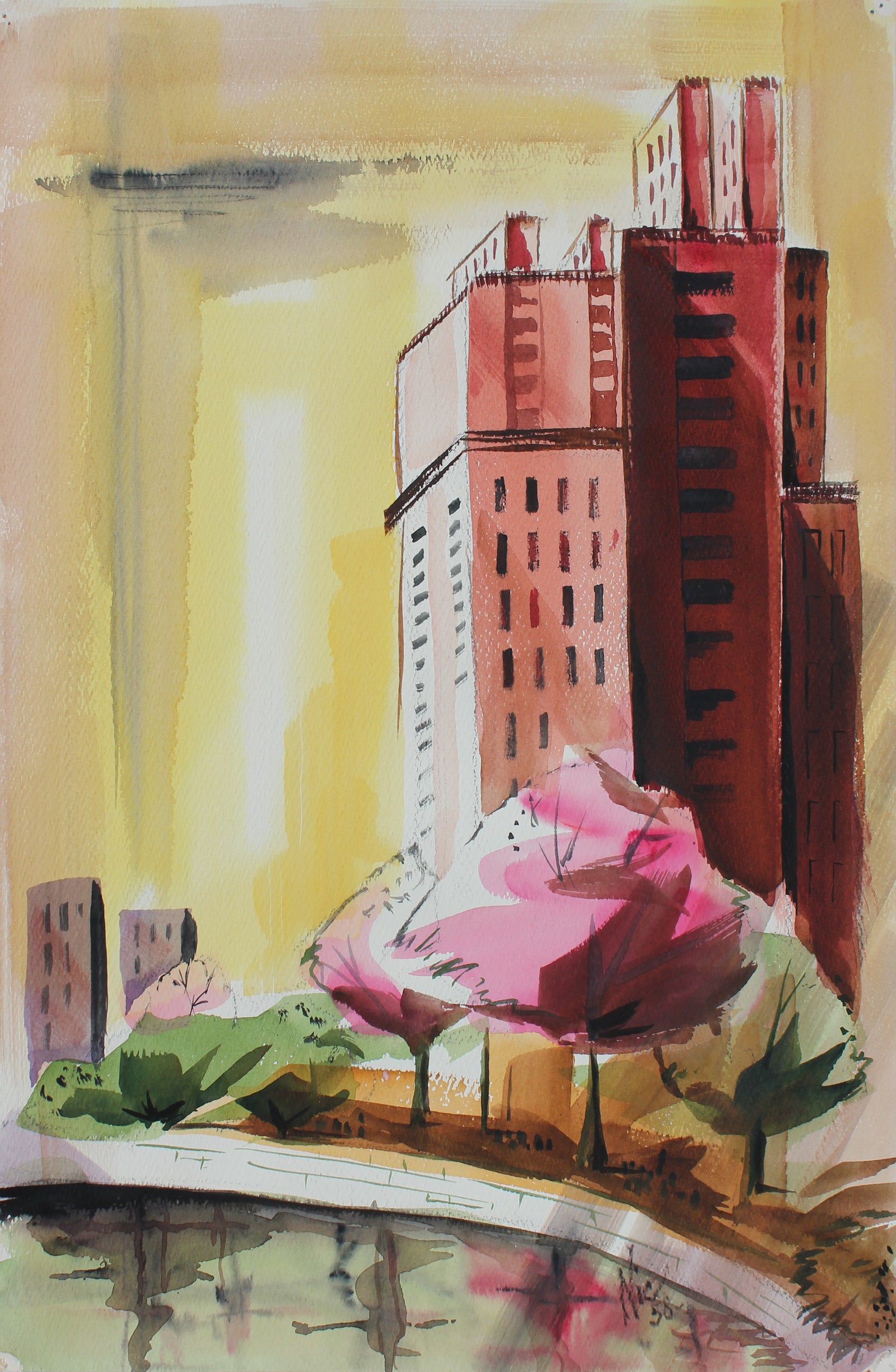 Warm California City Scene <br>1958 Watercolor <br><br>#A3885