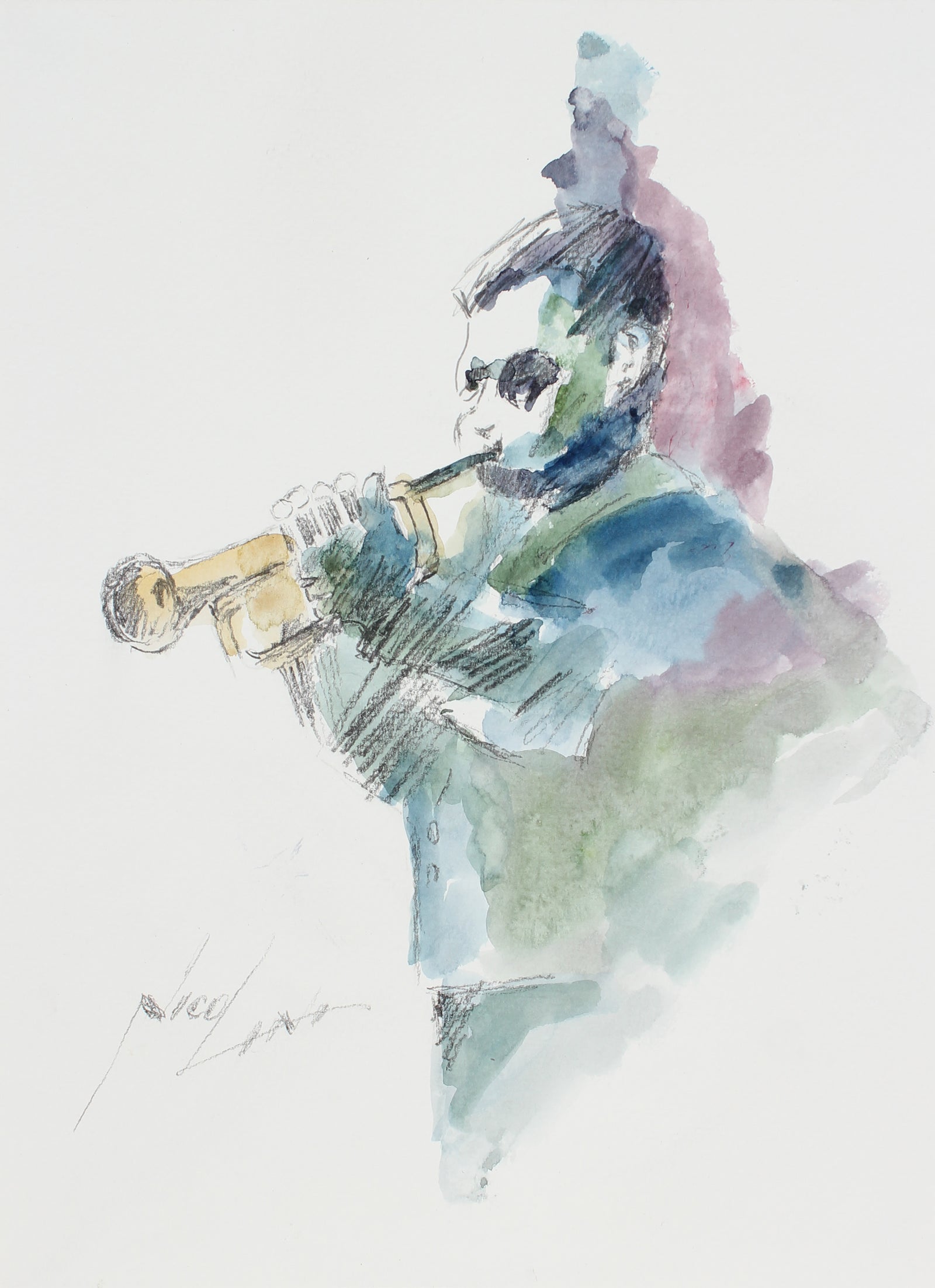 Jazz Trumpet Player Study <br>20th Century Watercolor <br><br>#A3903