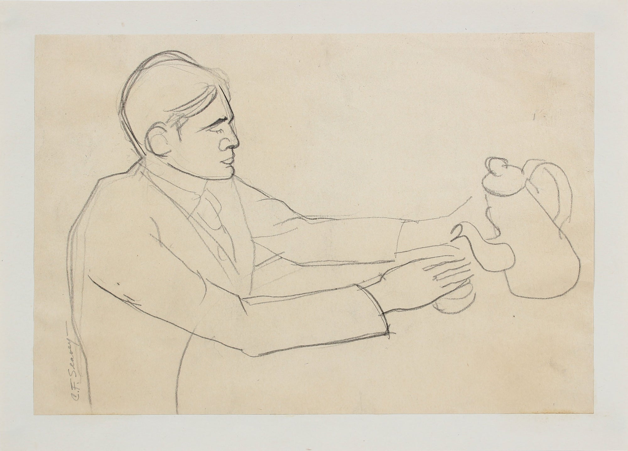 Figurative Study of Man with Kettle <br>1930-40s Graphite <br><br>#0009