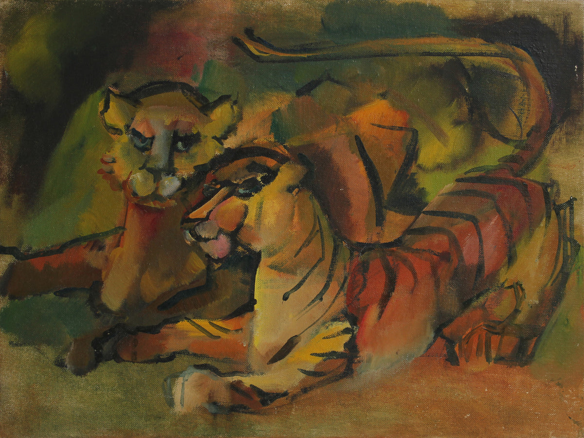 Colorful Tigers &lt;br&gt; Mid-Late 20th Century Oil &lt;br&gt;&lt;br&gt;#A3994