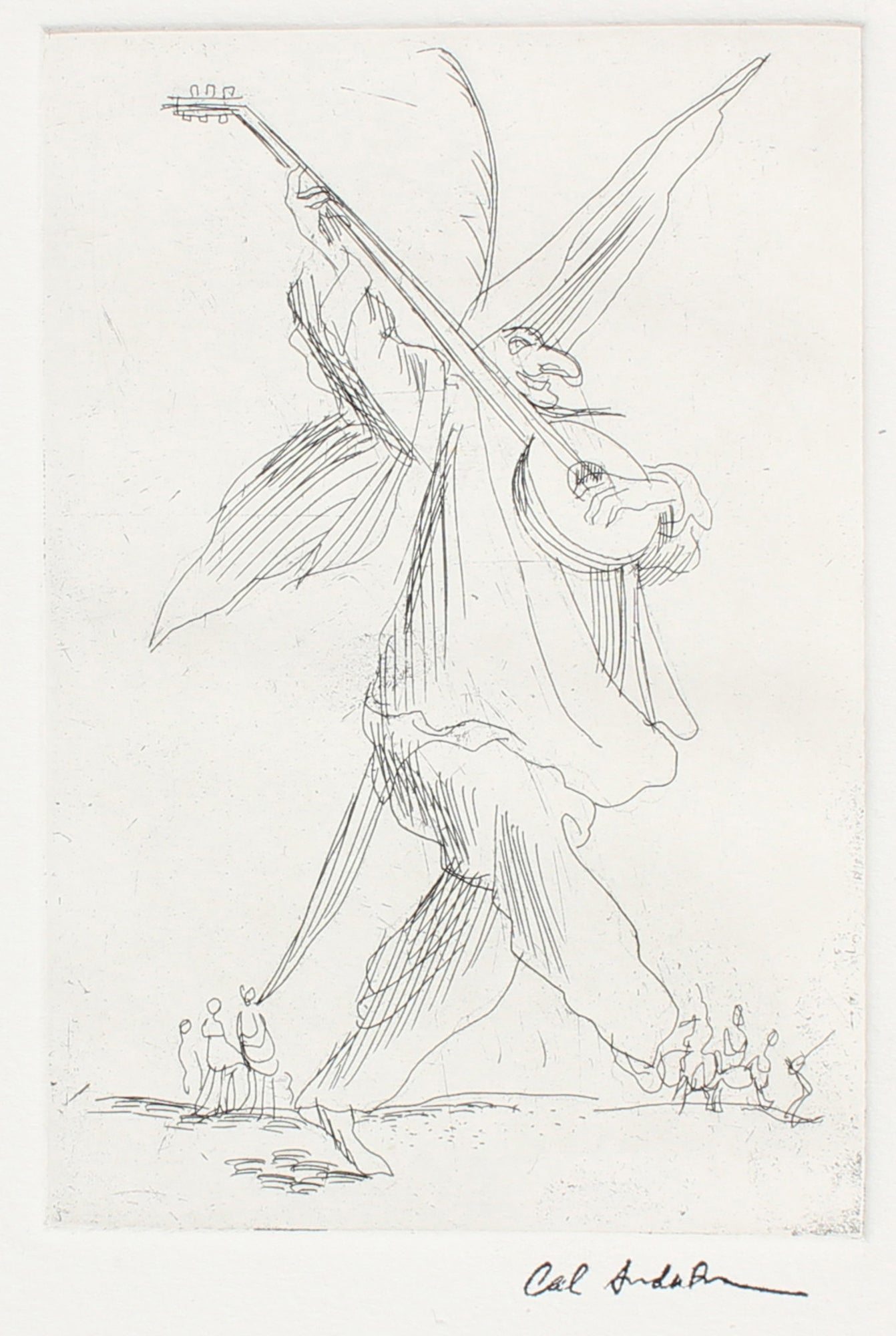 Whimsical Figure Playing the Banjo <br>20th Century Etching <br><br>#A4442