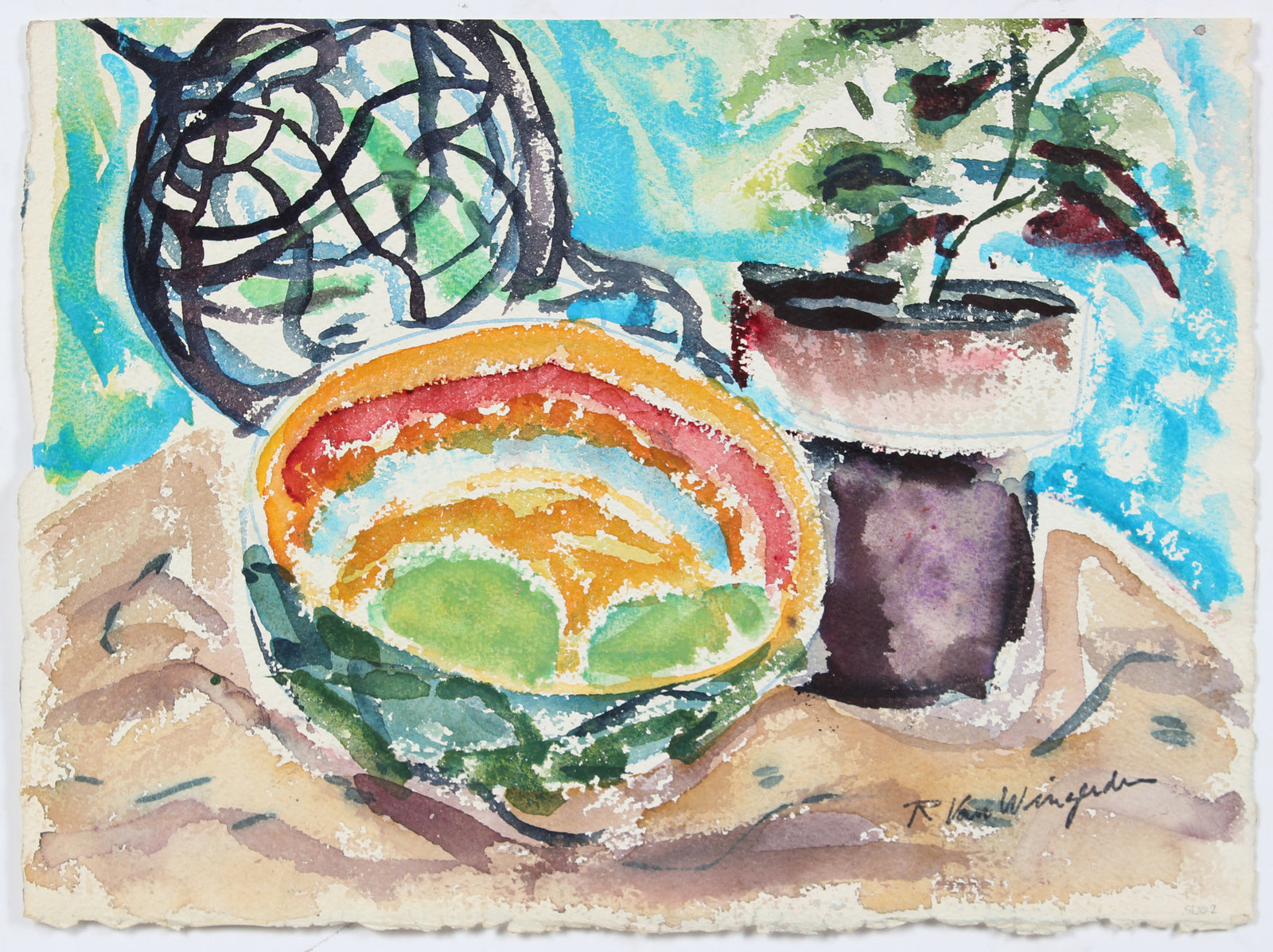 Abstracted Bay Area Still Life<br>Mid Century Watercolor<br><br>#5062