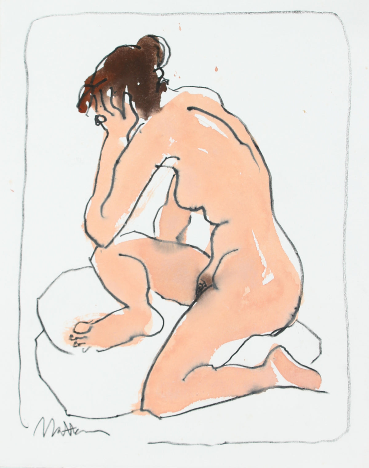 Female Nude In Repose Study &lt;br&gt;20th Century Charcoal &amp; Ink Wash &lt;br&gt;&lt;br&gt;#29255