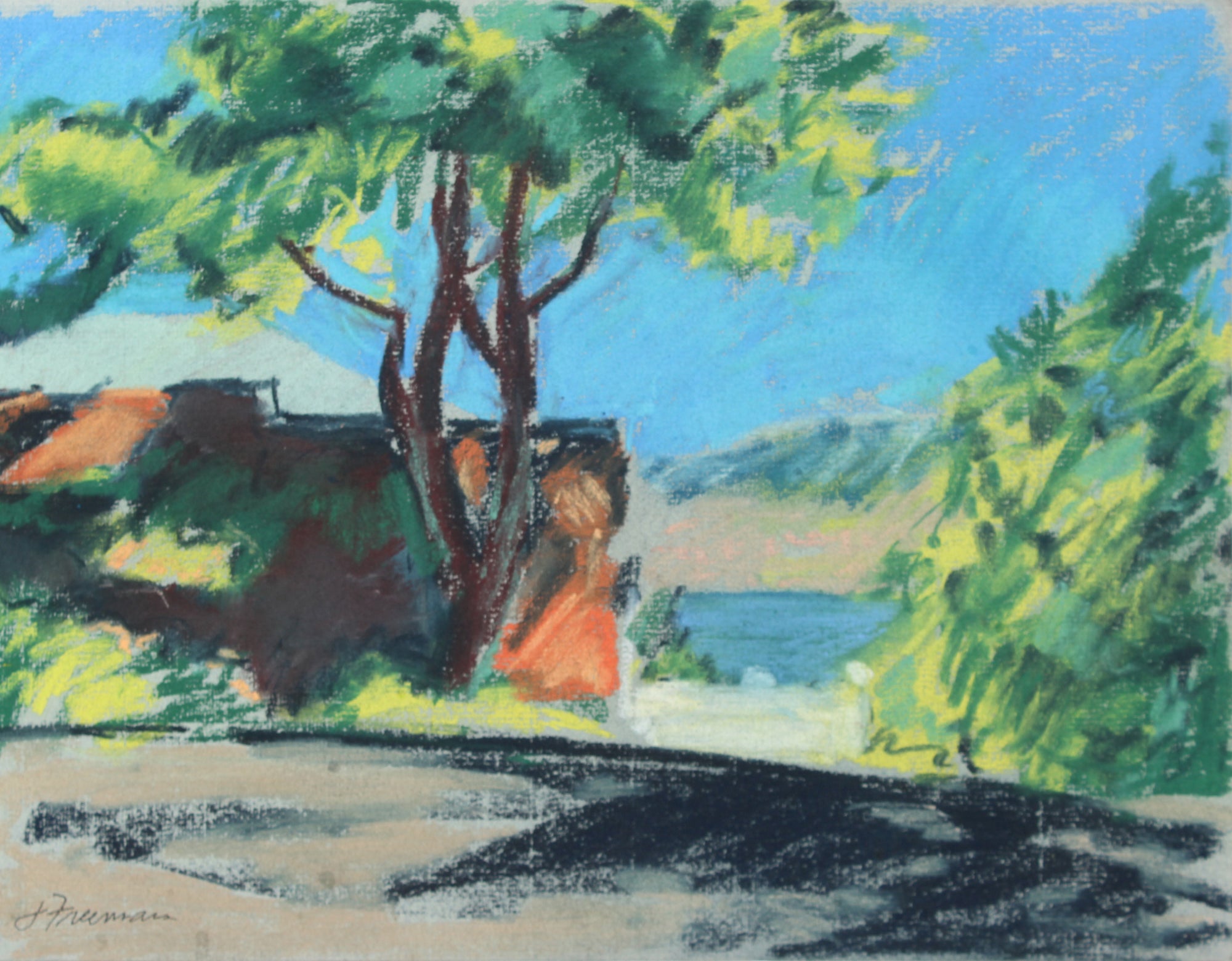 Abstracted Lake Cabin Scene <br>20th Century Pastel <br><br>#A5024