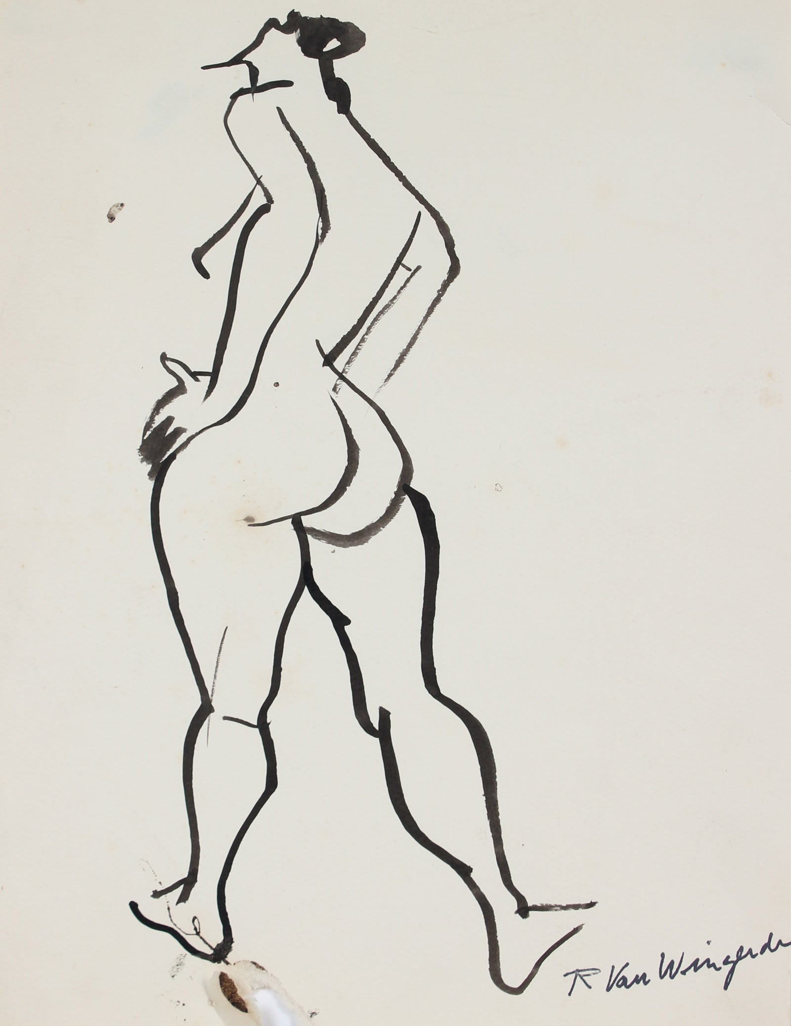 Standing Female Expressionist Nude<br>1940-50s Ink<br><br>#4005