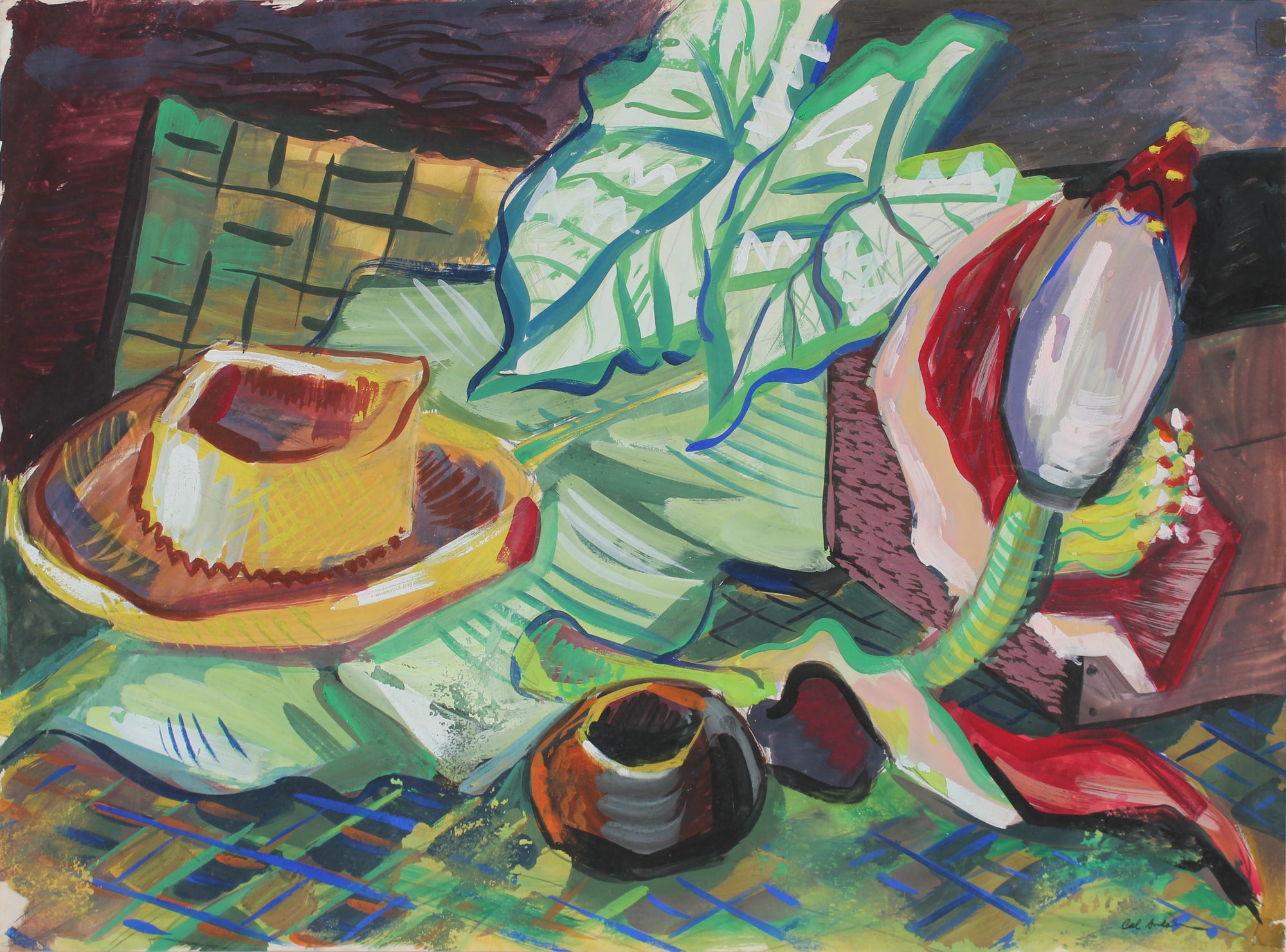 Still Life with Pottery & Fern <br>1945 Gouache <br><br>#A5341