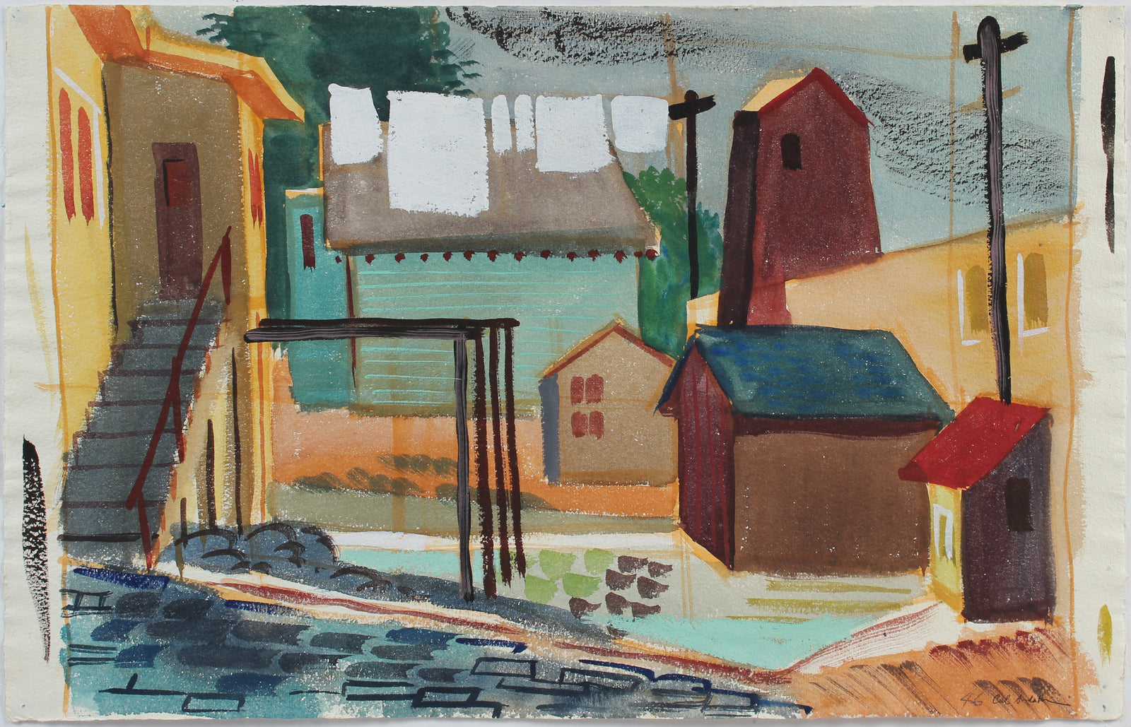 Quiet Backyard City Scene <br>1946 Watercolor <br><br>#A5351
