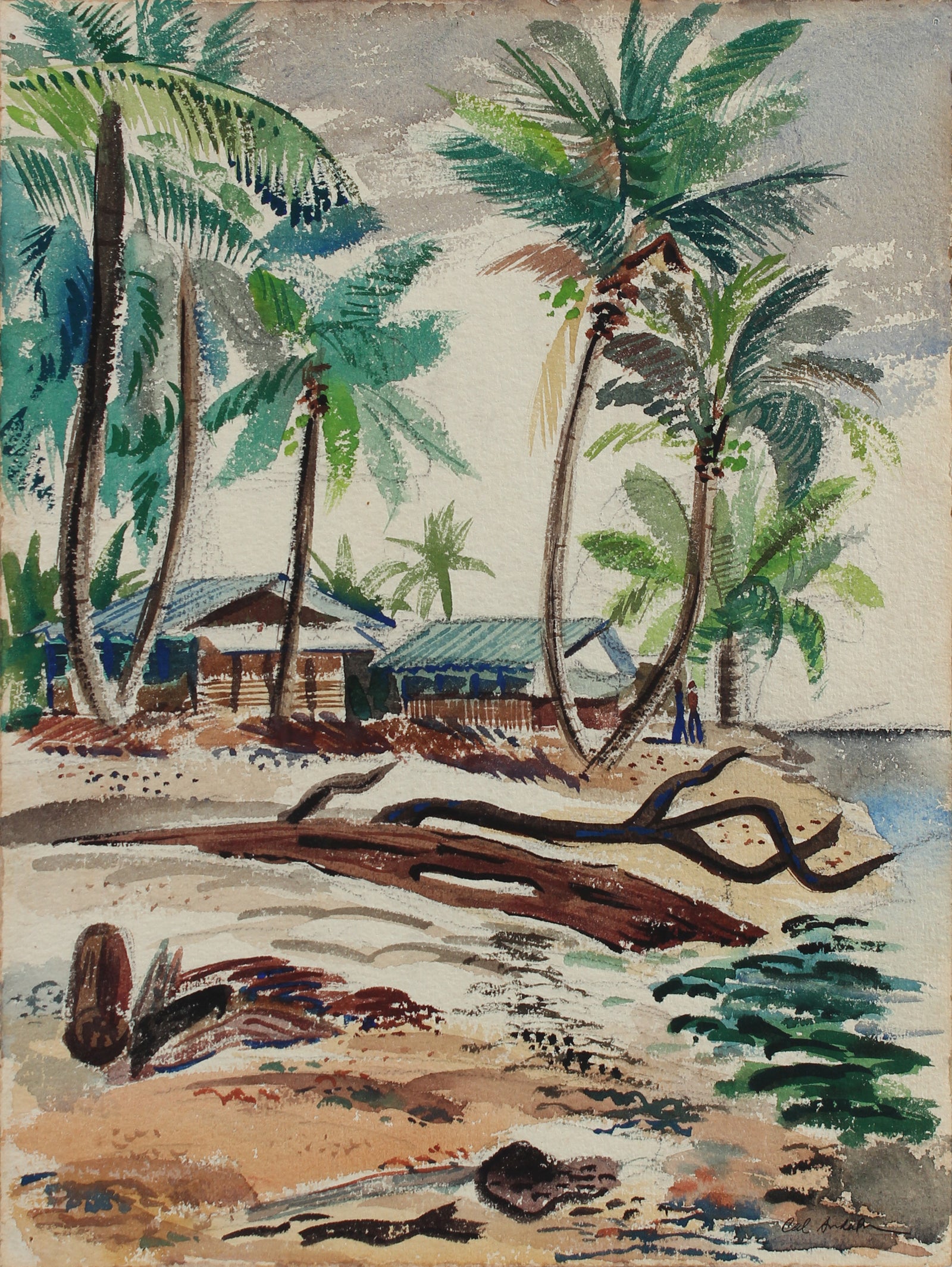 Beach Houses with Palms<br>1944 Watercolor <br><br>#A5359