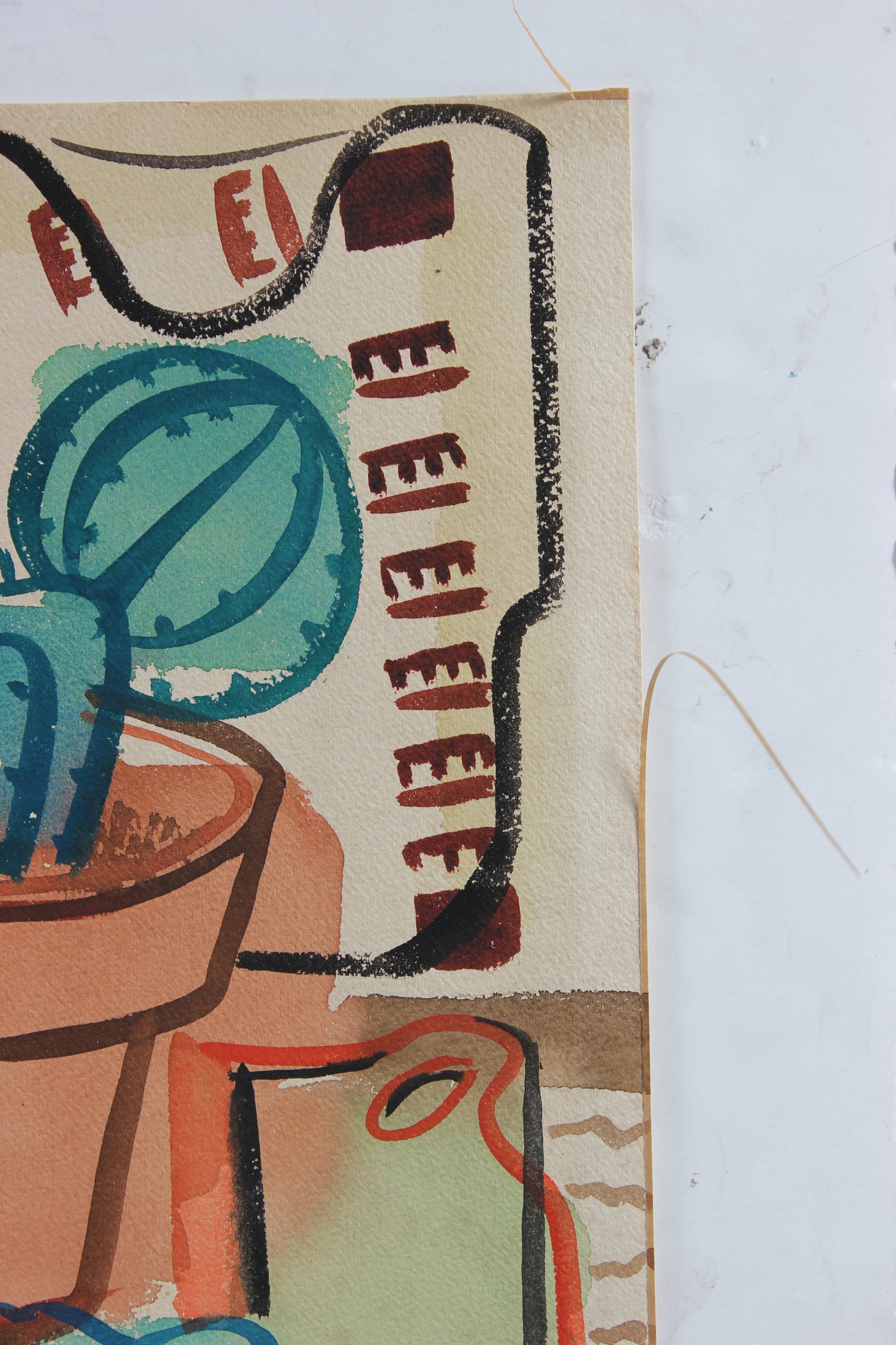 Cubist Still Life with Cactus <br>1943 Watercolor <br><br>#A5375