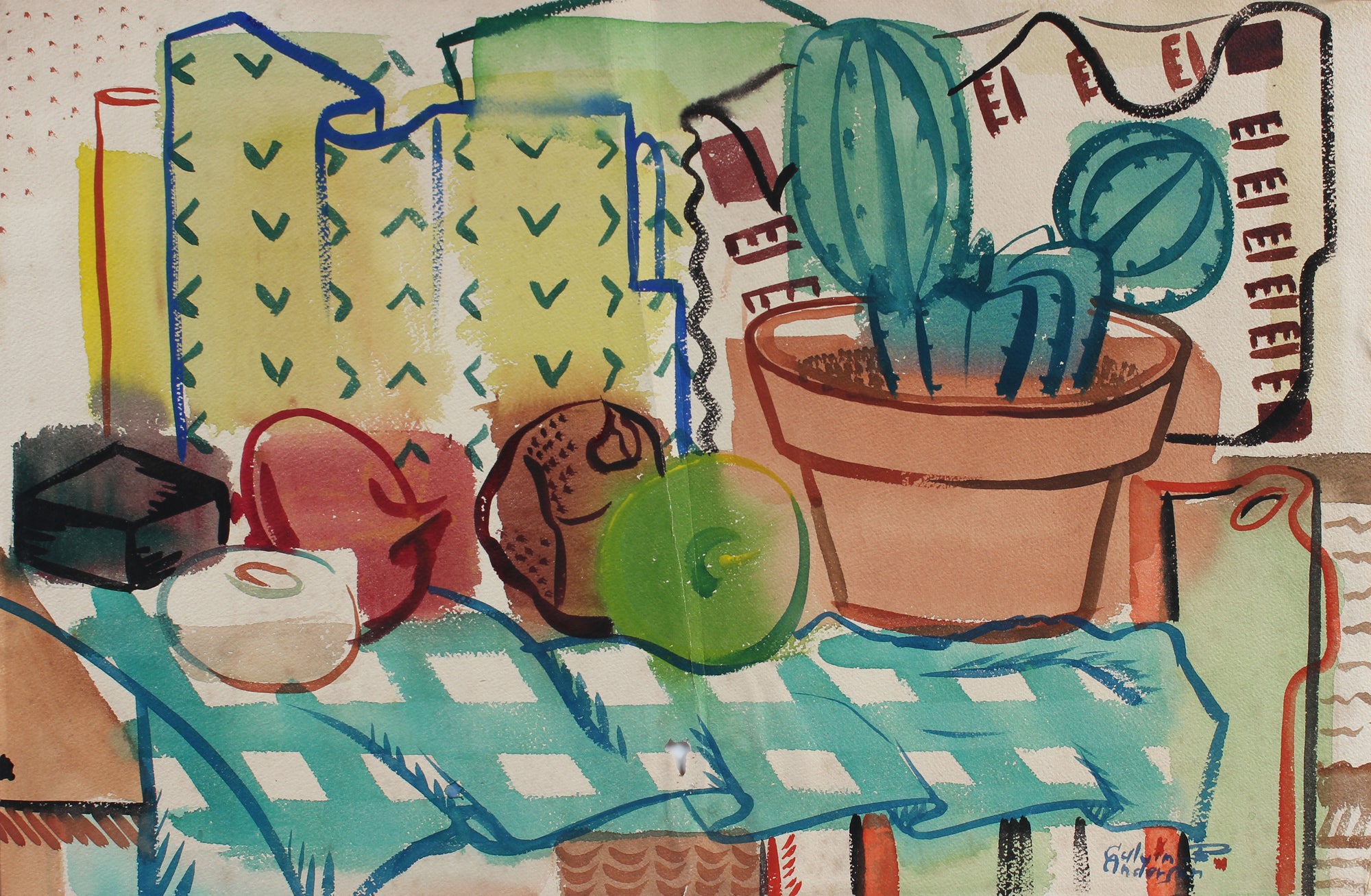 Cubist Still Life with Cactus <br>1943 Watercolor <br><br>#A5375