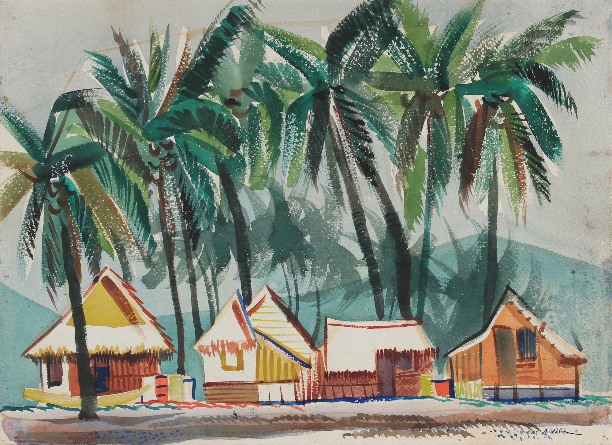 Beach Huts with Palm Tree Landscape <br>1945 Watercolor<br><br>#A5379