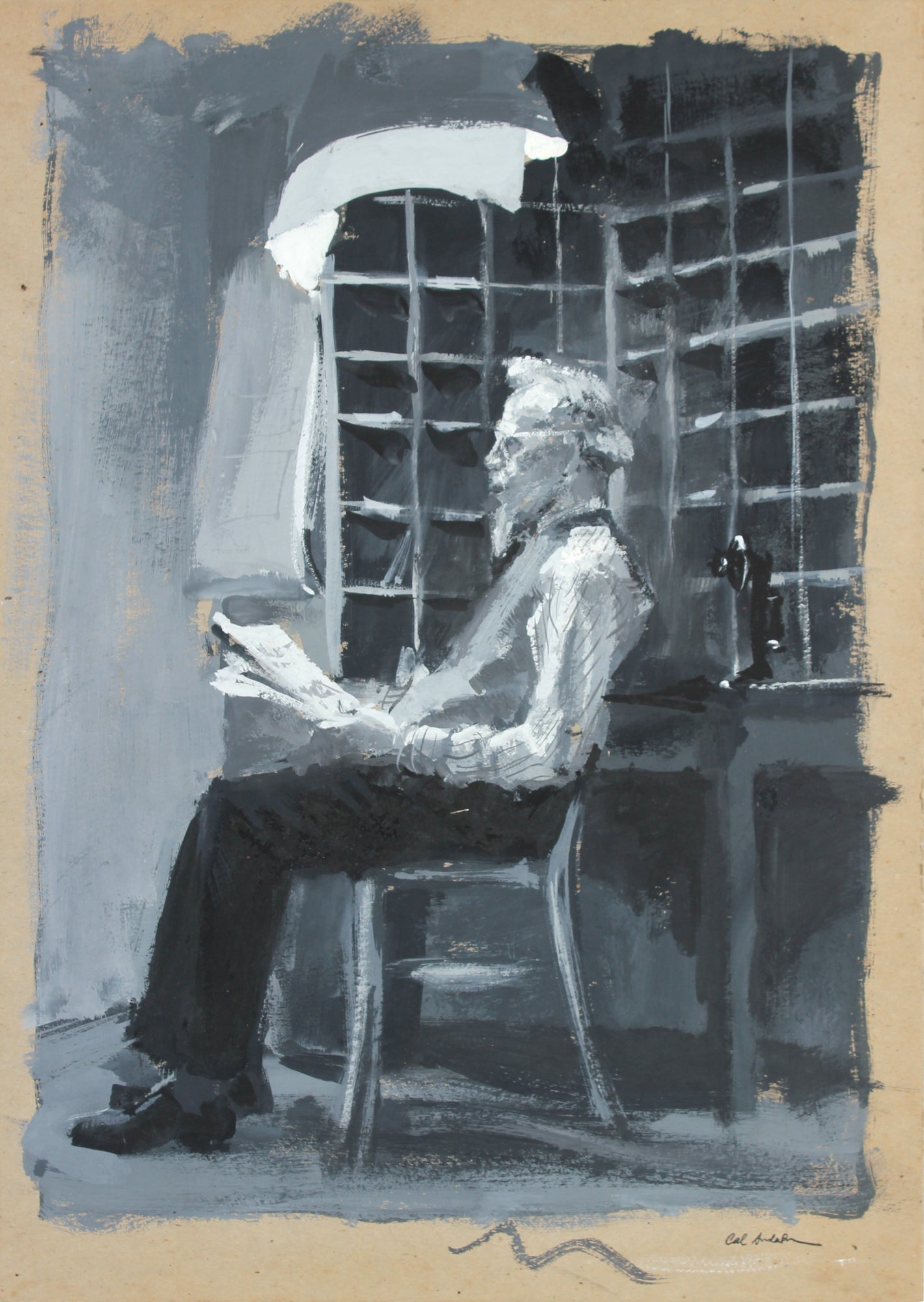 Gentleman Reading <br> 20th Century Gouache on Paper Board<br><br> #A5405