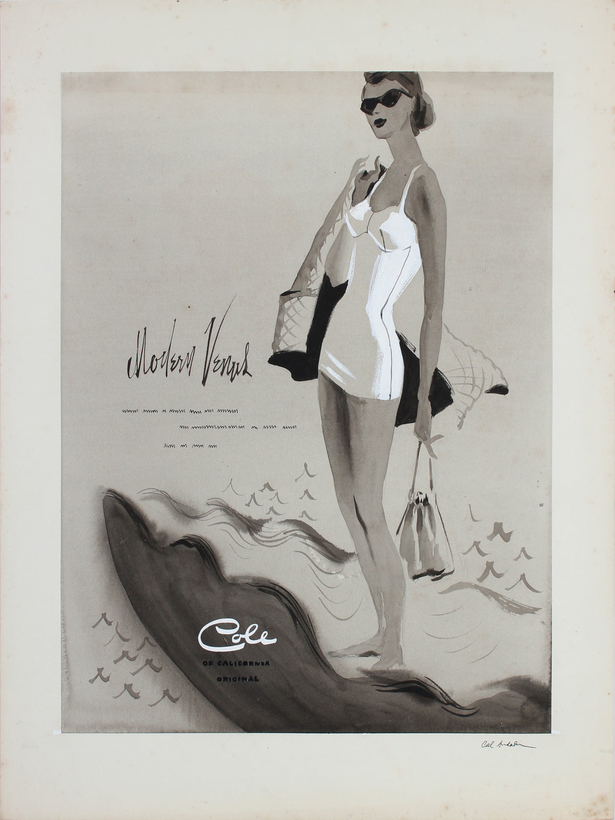Swimmer Fashion Vintage Drawing &lt;br&gt;1950-60s Gouache &lt;br&gt;&lt;br&gt;#A5418