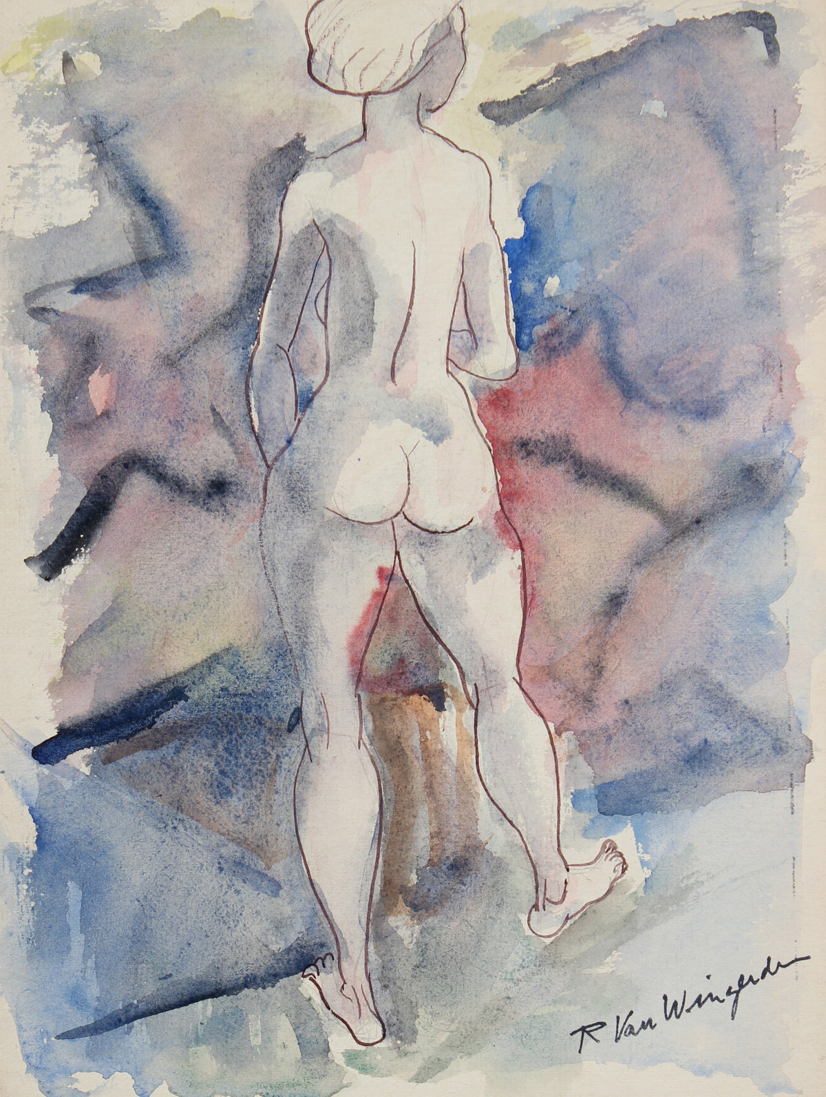 Expressionist Nude in Blue &amp; Purple&lt;br&gt;1940-50s Watercolor&lt;br&gt;&lt;br&gt;#4562