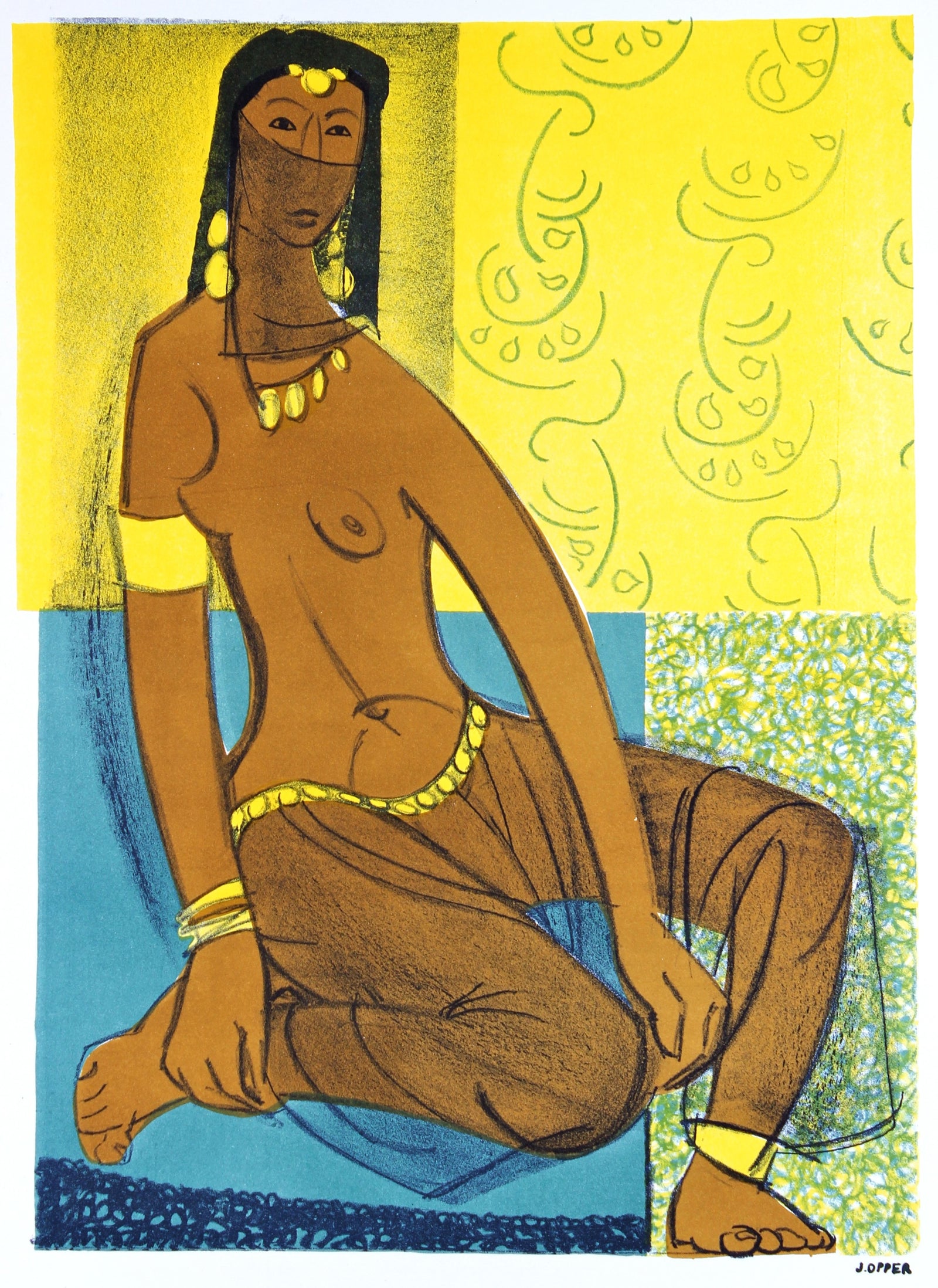 Seated Veiled Woman<br>1940-50s Stone Lithograph<br><br>#40470