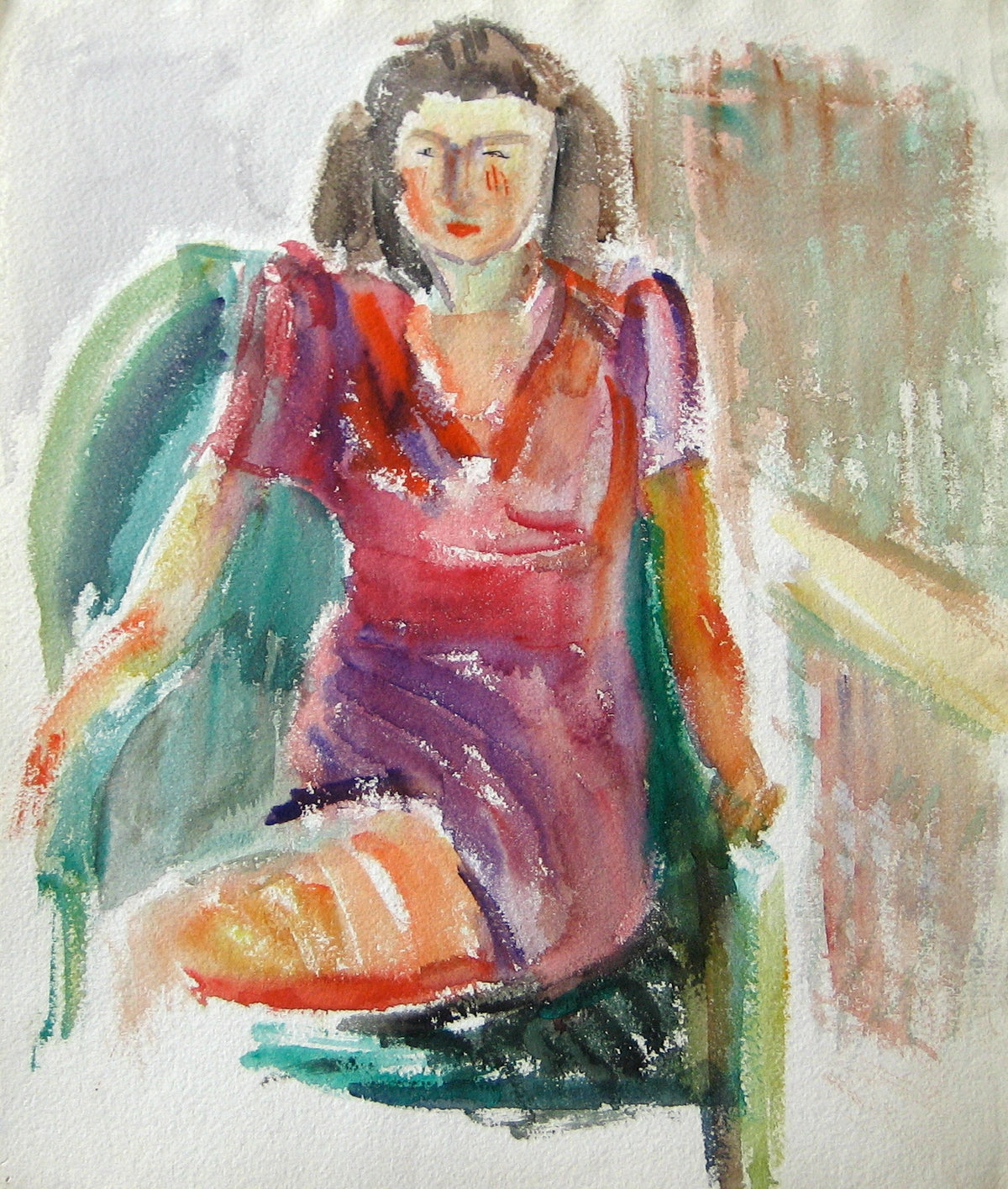 Expressive Seated Woman in Dress &lt;br&gt;Early-Mid 20th Century Watercolor&lt;br&gt;&lt;br&gt;#13219